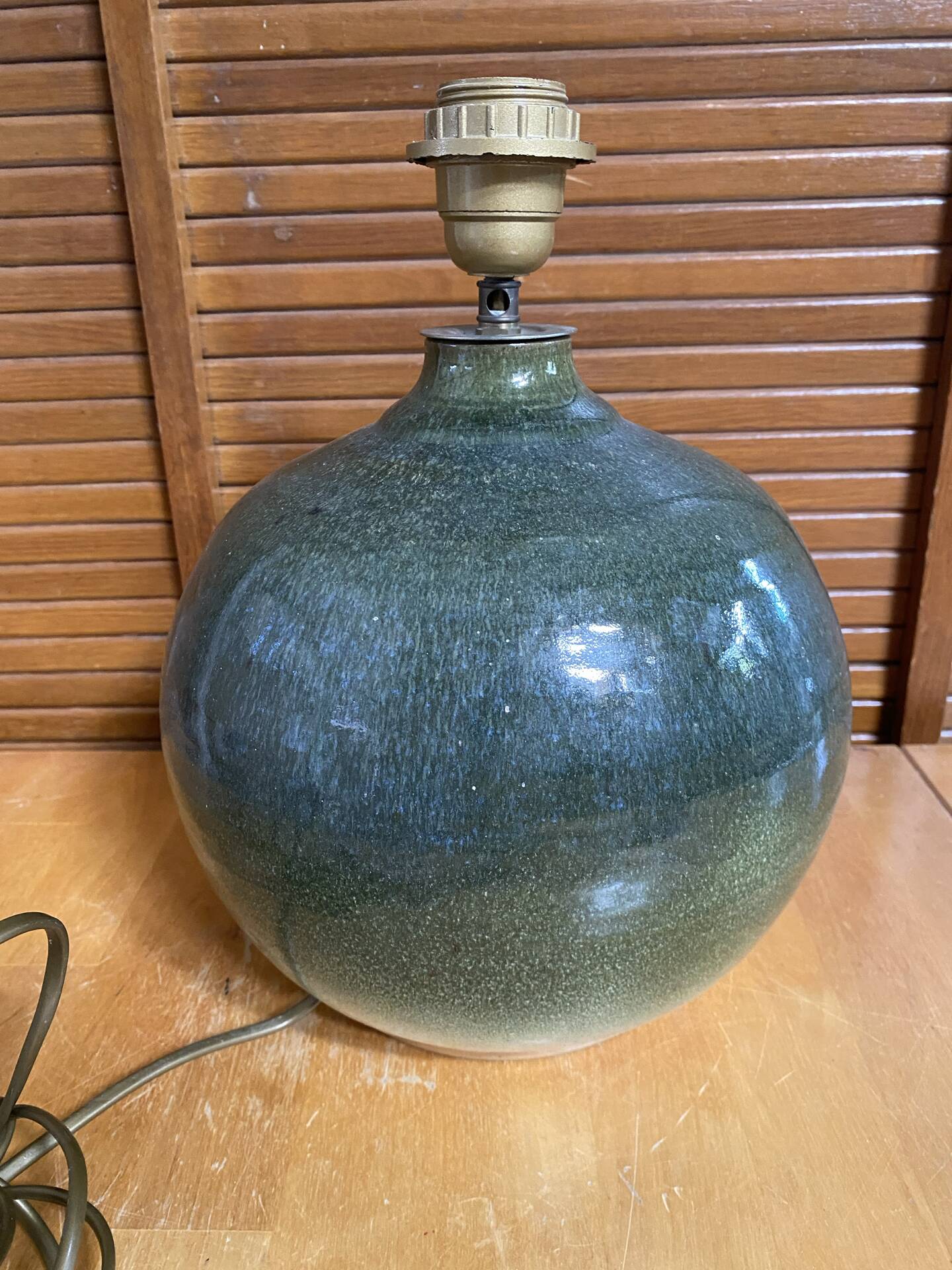 Pied de Lampe Ancien Boule Grès Émaillé Vert Nuancé Années 70 Vintage