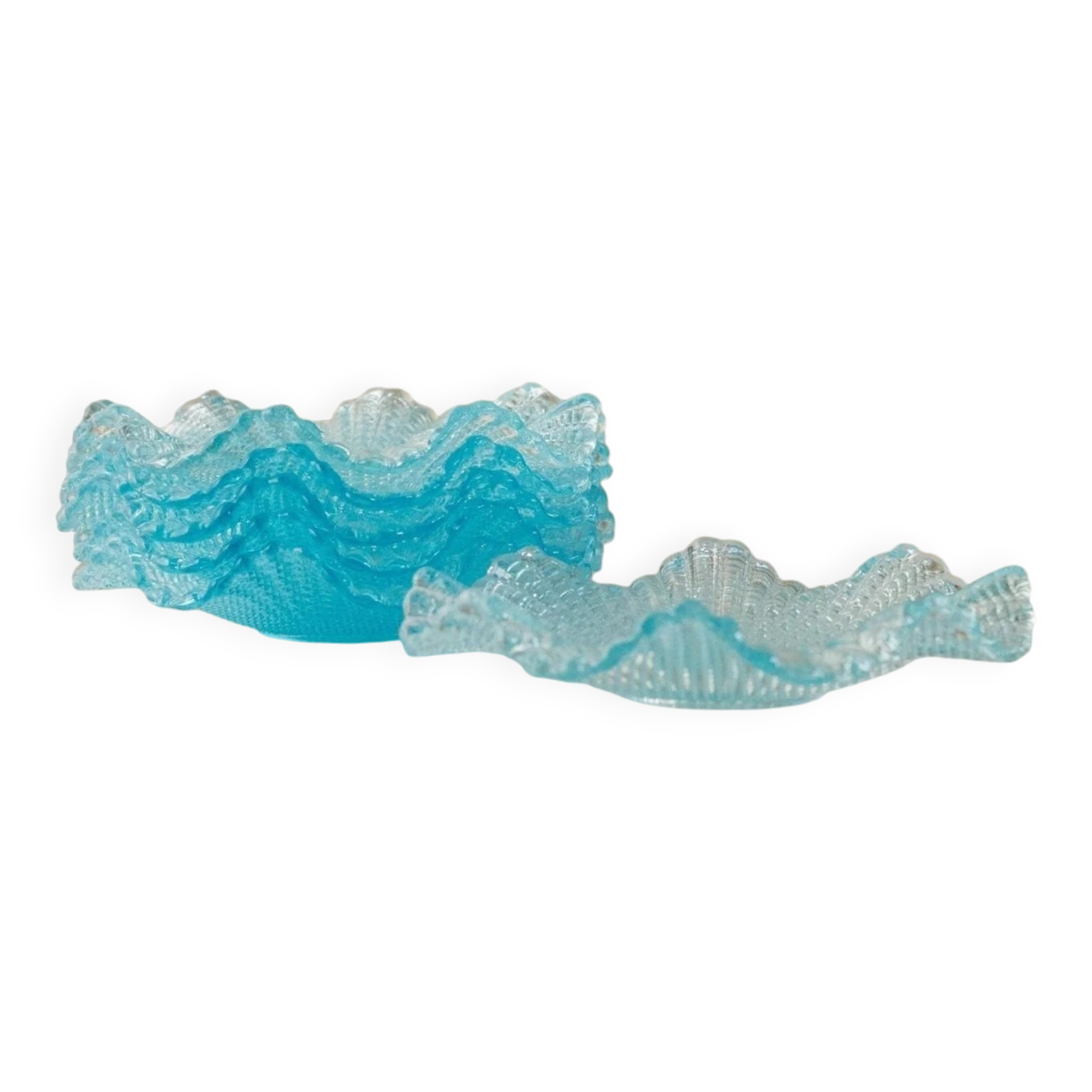Six-piece turquoise crystal glass bowls, vintage 1980s, ruffled scalloped rims, pressed texture