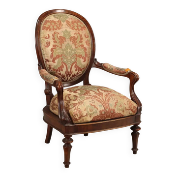 Antique Louis-Philippe armchair in walnut and fabric, Italy, 19th century.