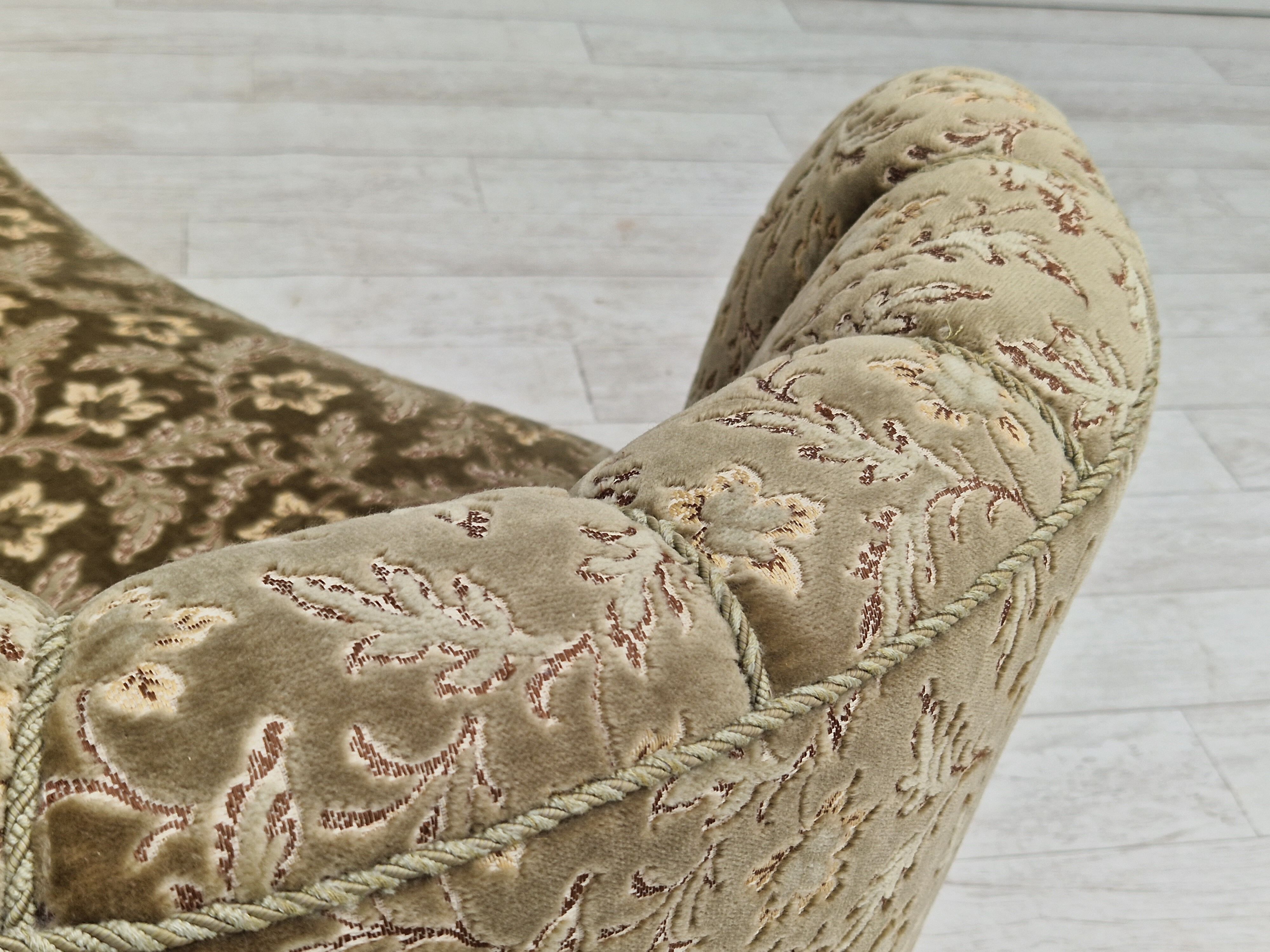 60s, danish vintage 2 seater "banana" sofa, green velour, original condition.