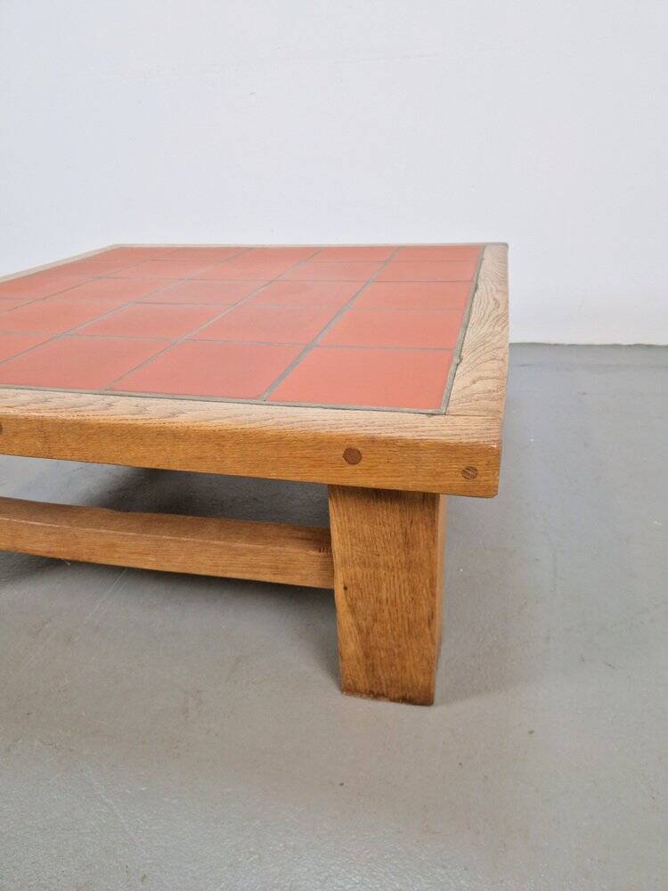 Brutalist Oak Coffee Table with Terracotta Tiles, 1950s