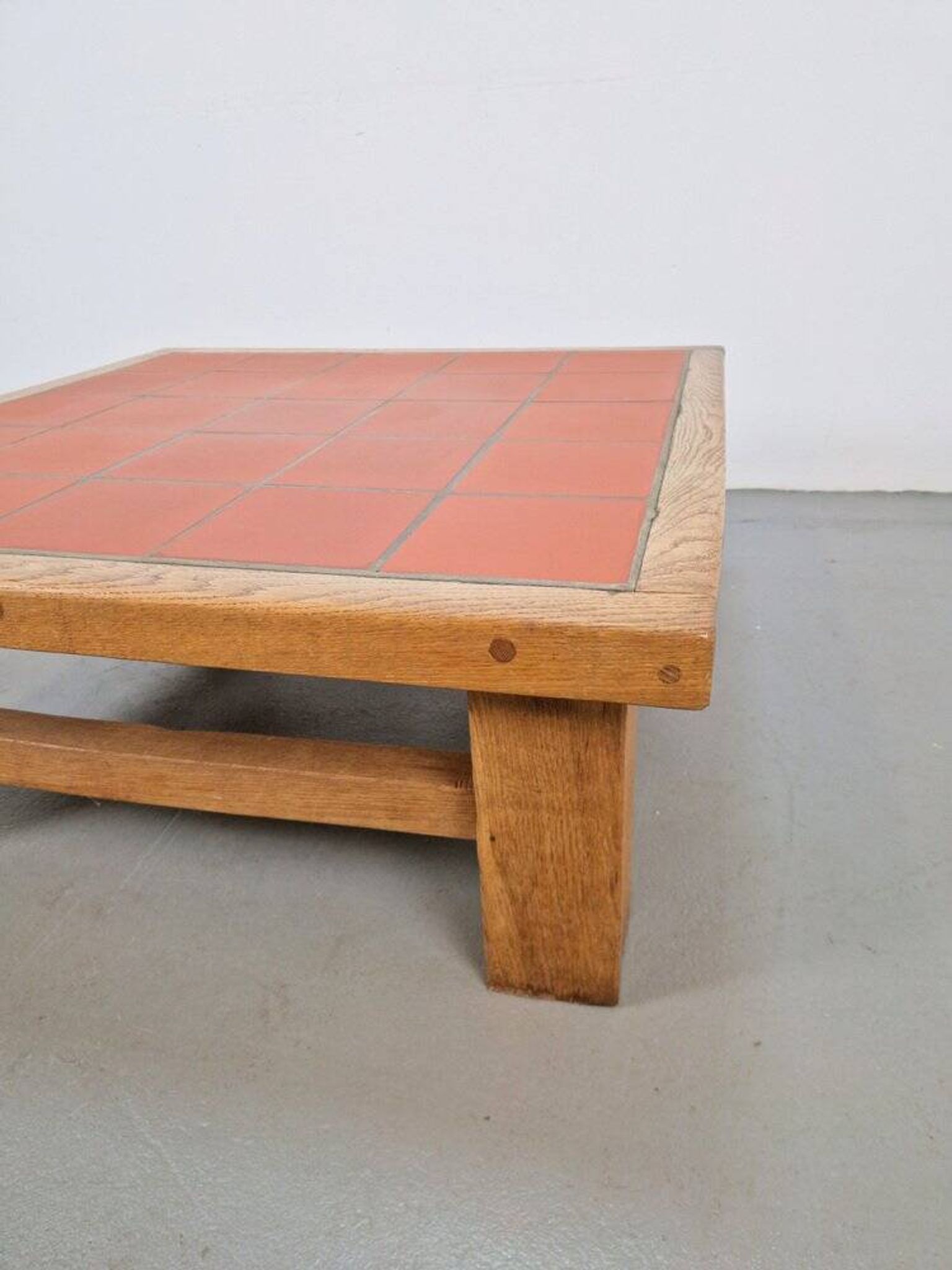 Brutalist Oak Coffee Table with Terracotta Tiles, 1950s