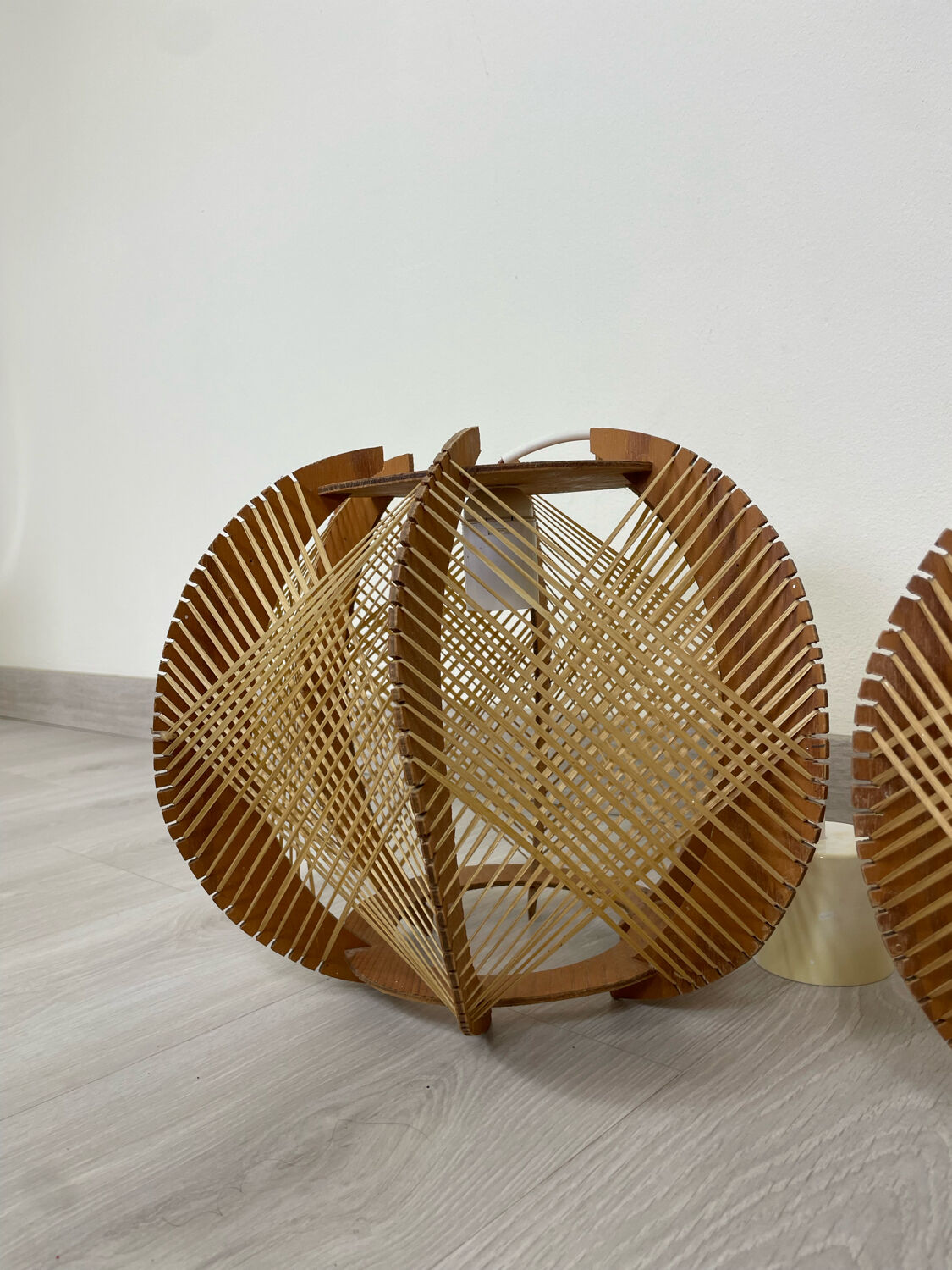 Pair of Scandinavian pendant lamps in wood and wires