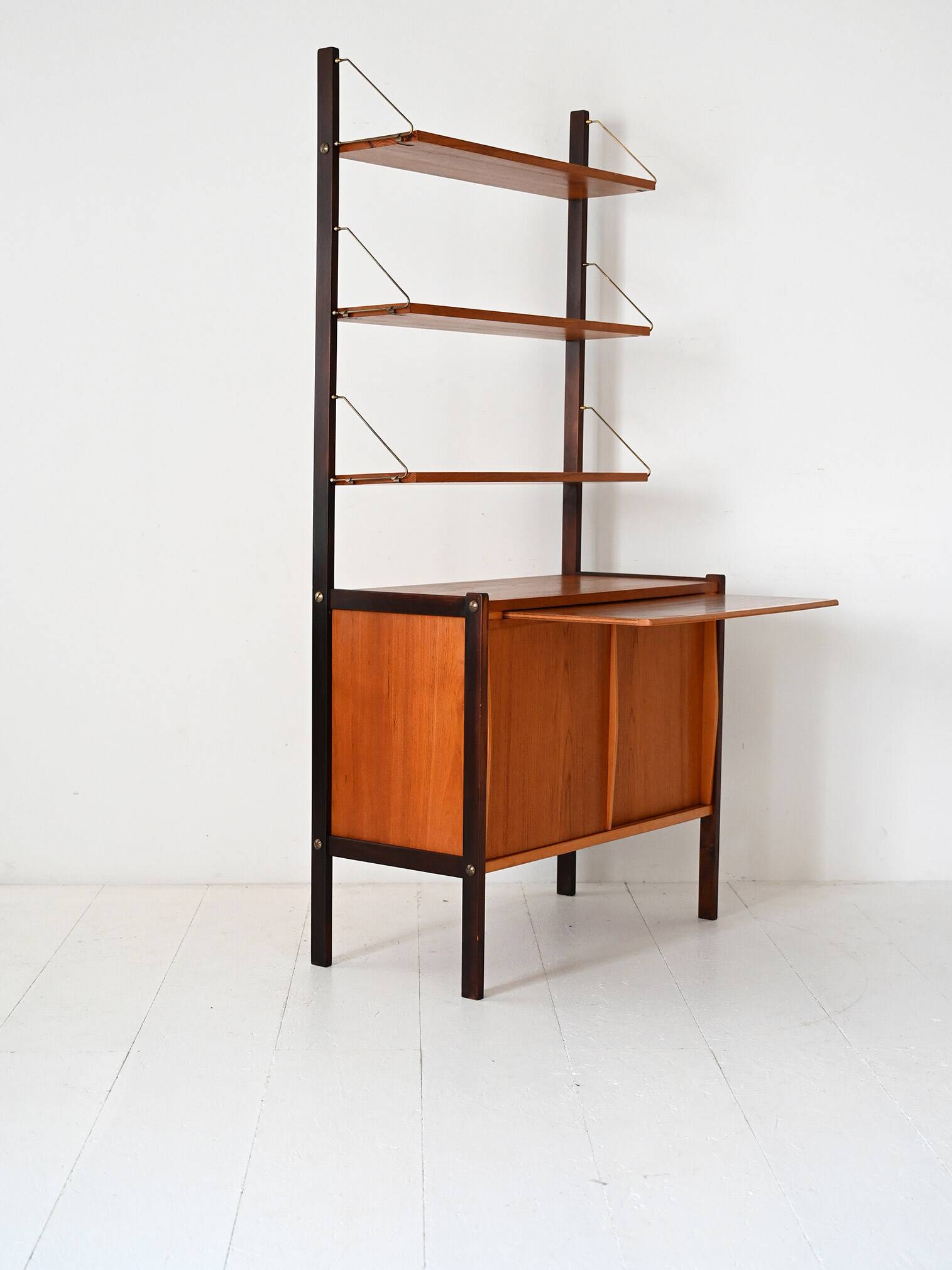 Vintage Scandinavian bookcase with pull-out desk and brass supports