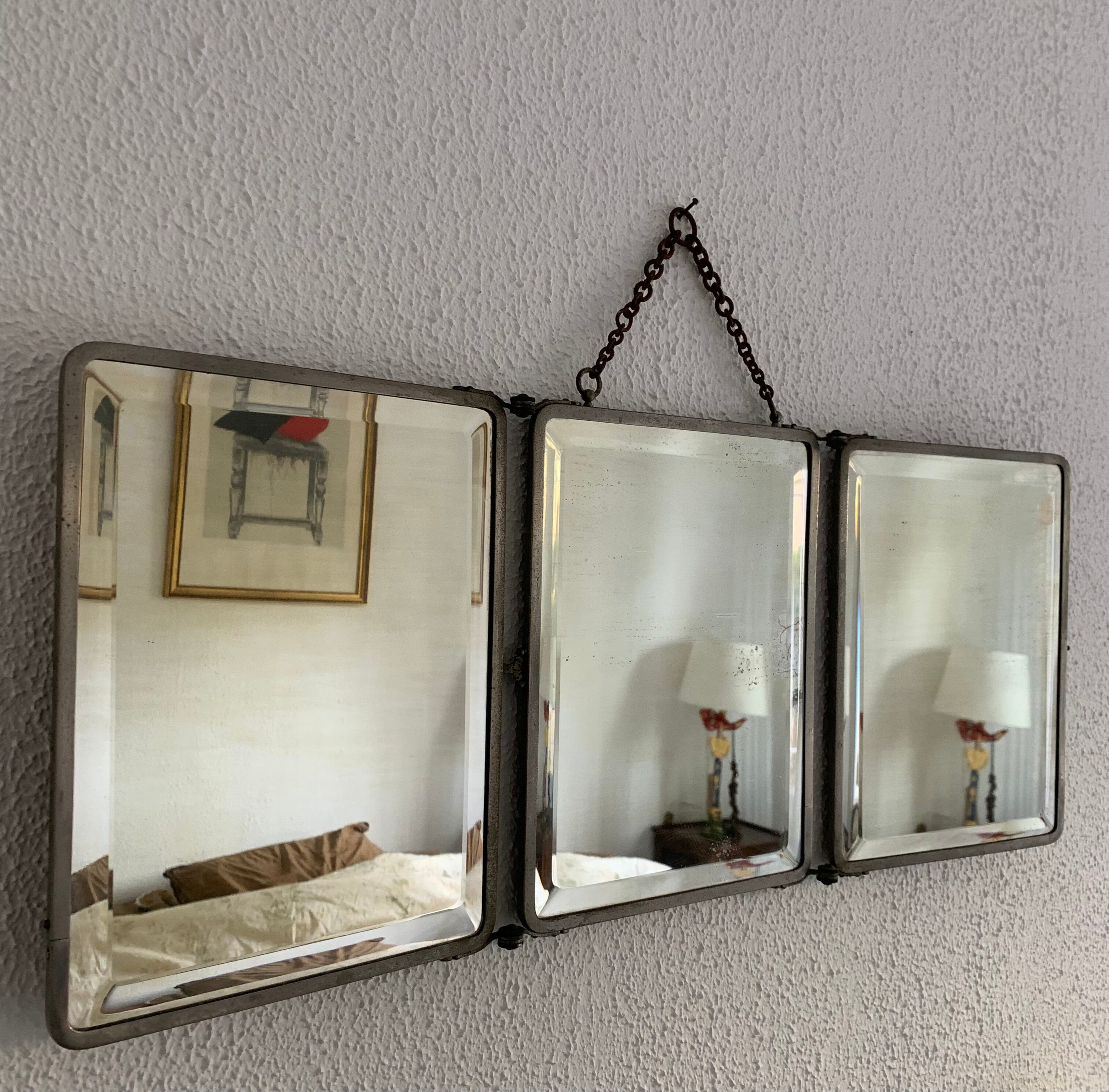 Mirror triptych barber imitation crocodile brown vintage 1930 - 27 x 66 cm