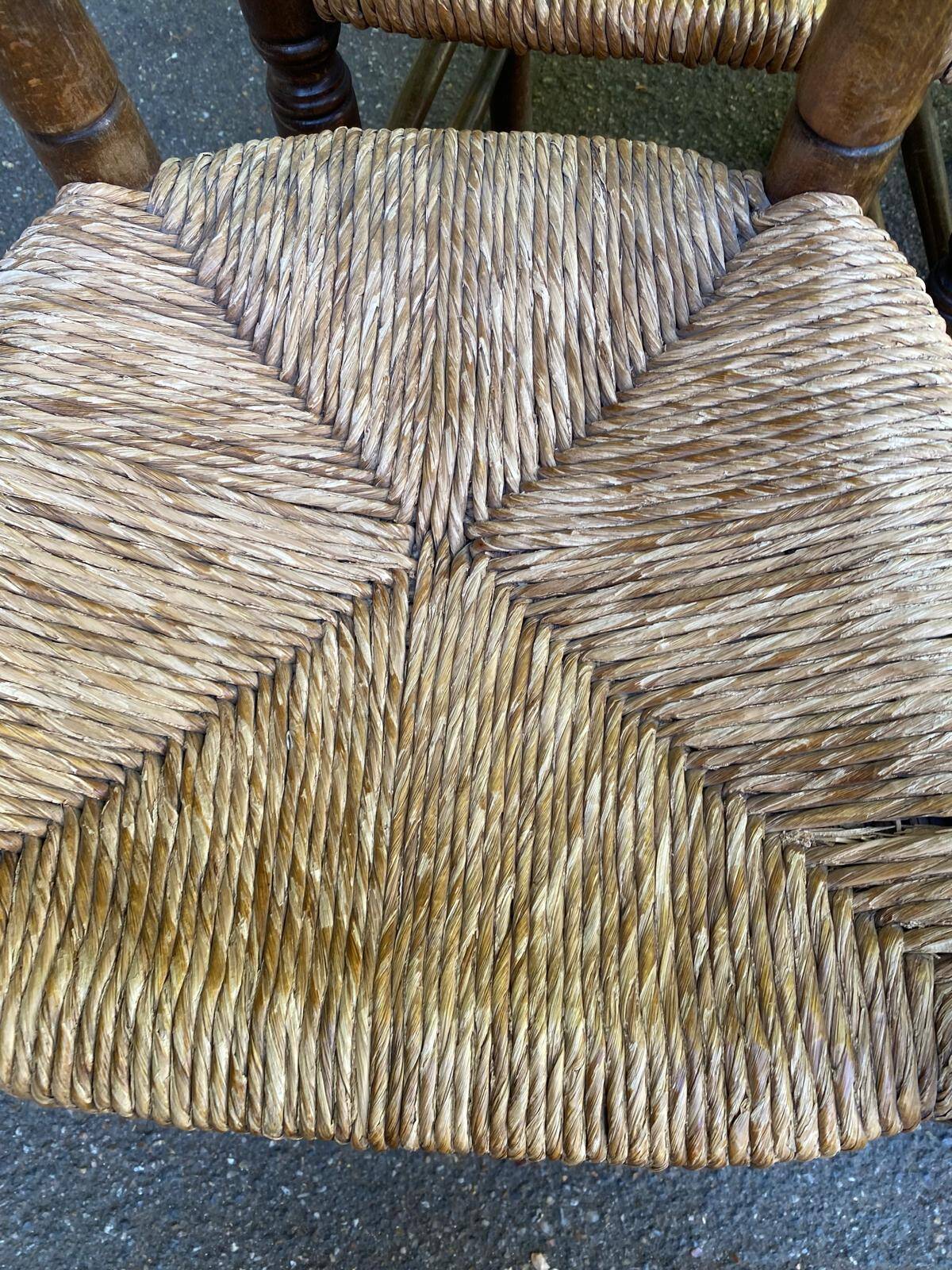 Set of 5 or 4 chic rustic traditional dining chairs with rush seats.