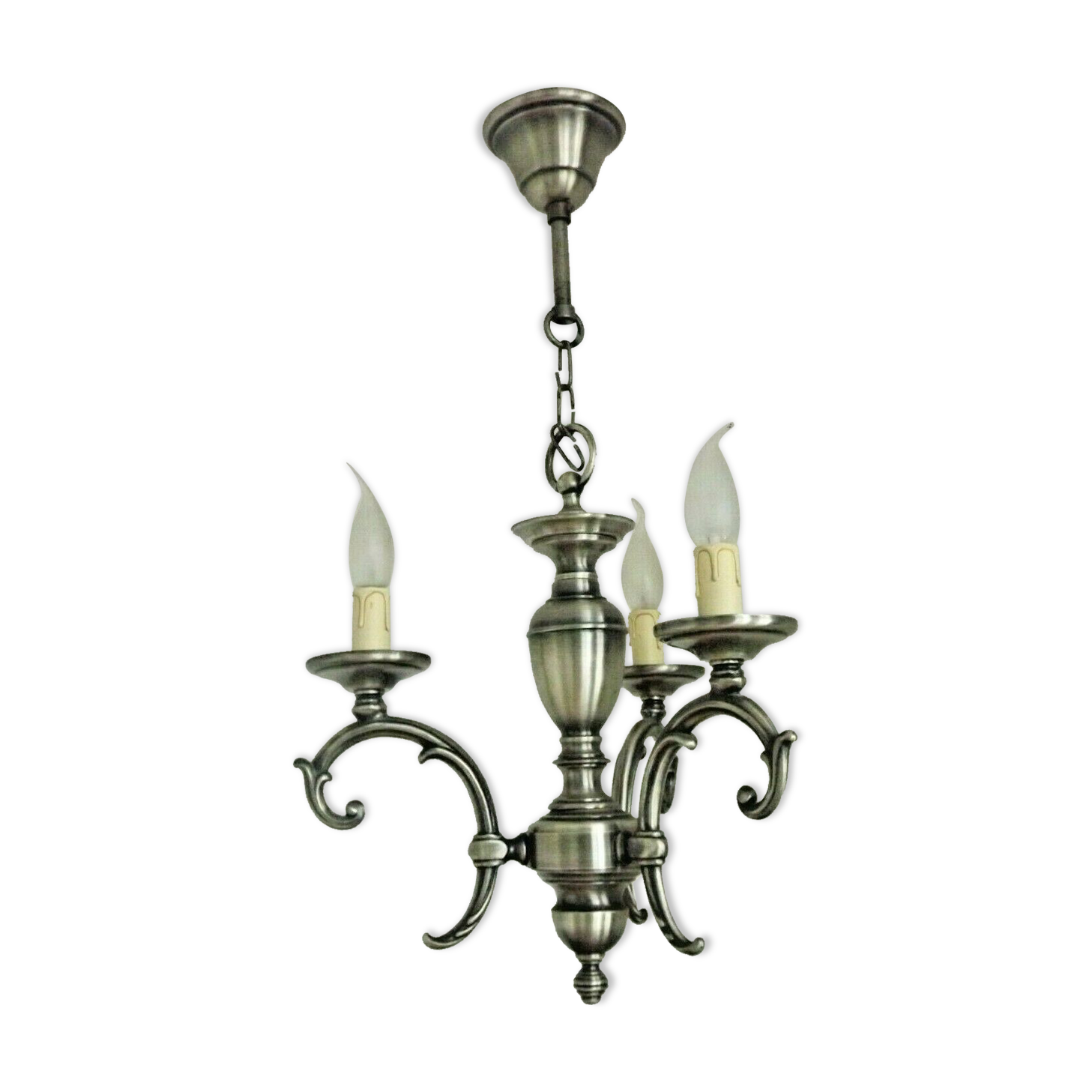 French brushed silver metal 3 light chandelier scroll leaf detail