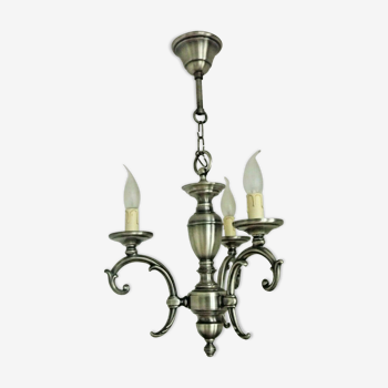 French brushed silver metal 3 light chandelier scroll leaf detail