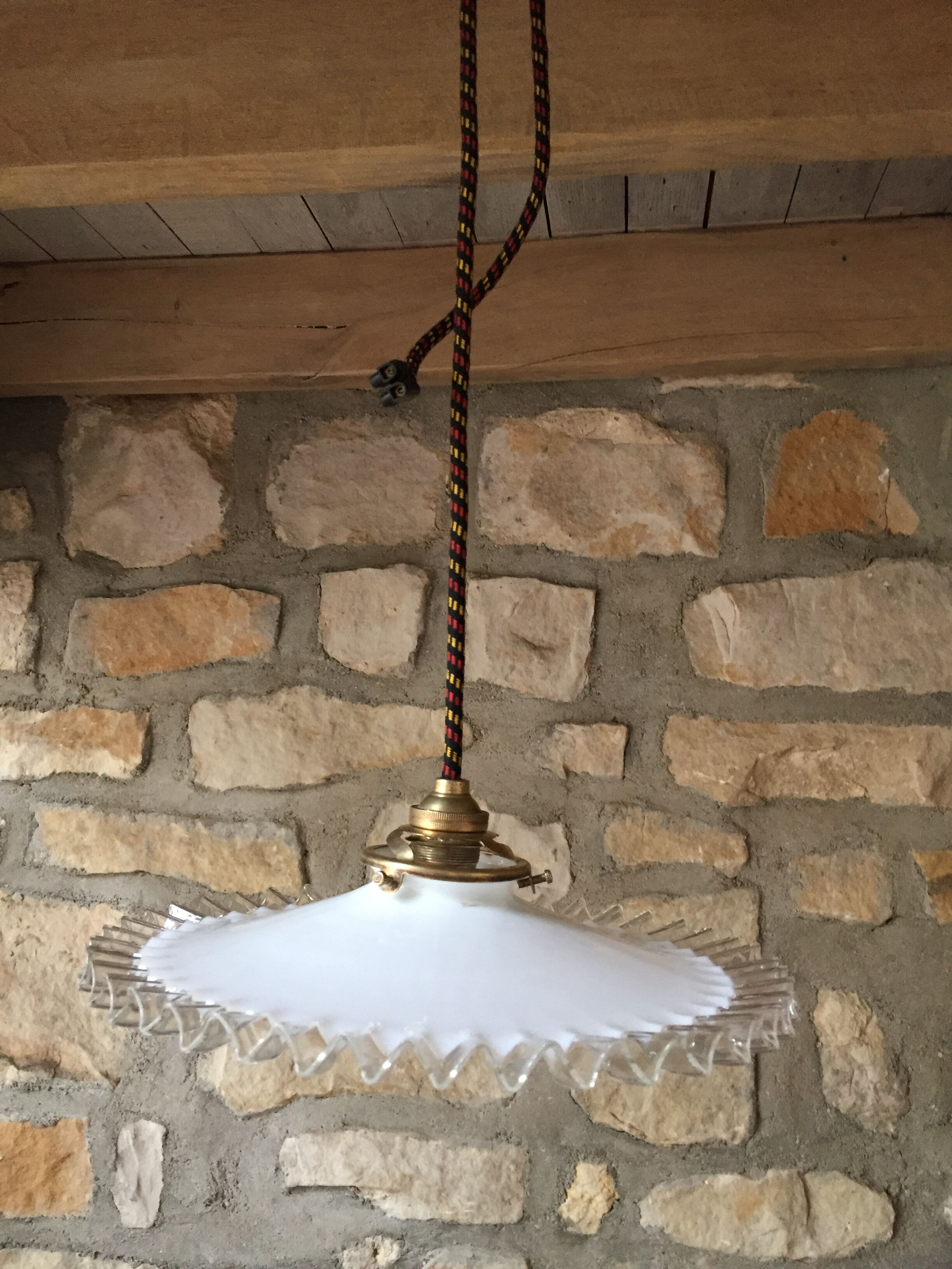 Old white opaline and brass hanging No.4