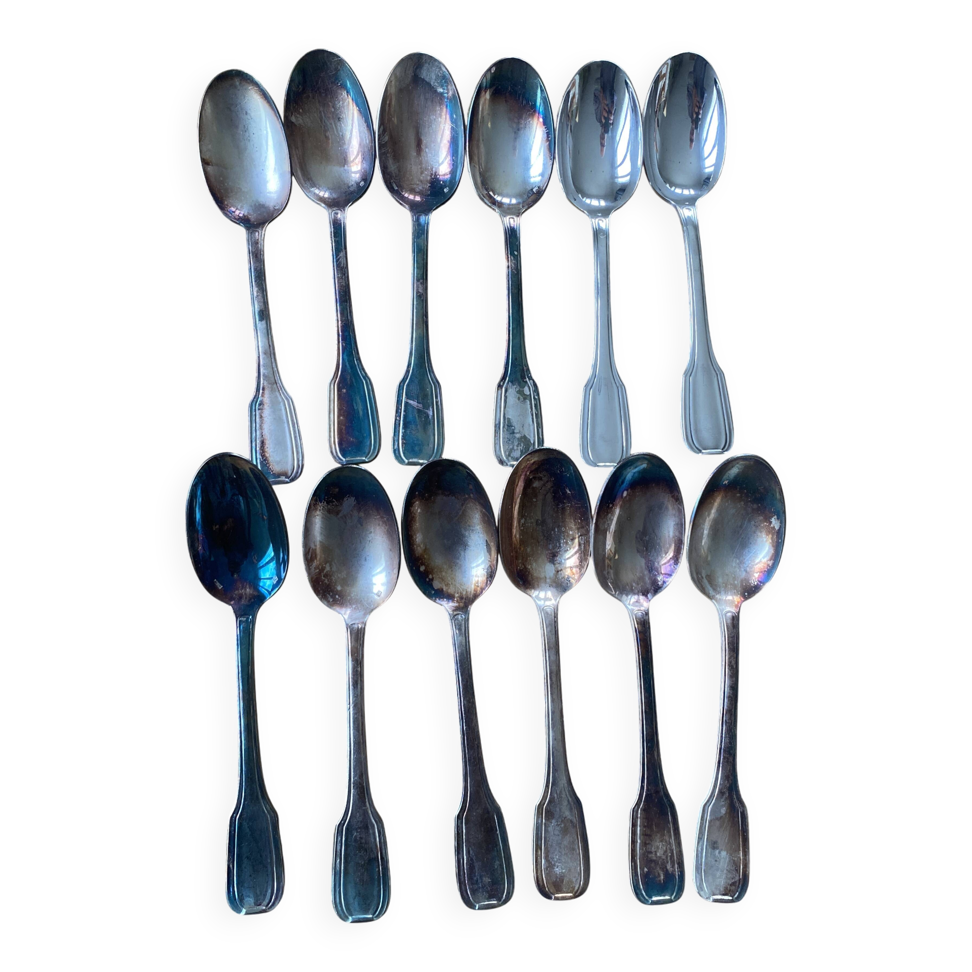 12 large silver plated art deco metal spoons