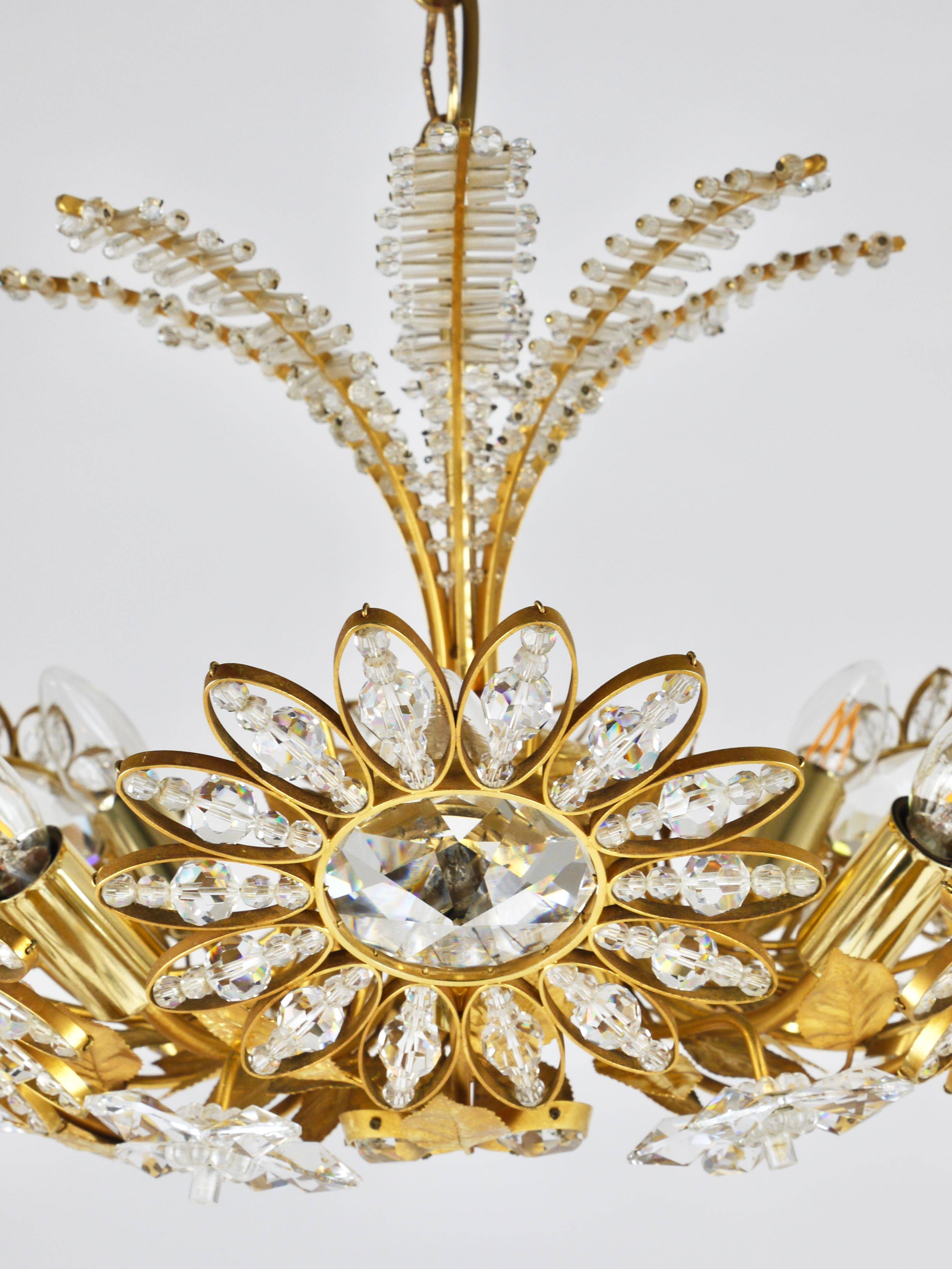 Ernst Palme Grand Chandelier Palm Tree Flower Palwa, Gilded Brass, Crystals, 1970s