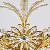 Ernst Palme Grand Chandelier Palm Tree Flower Palwa, Gilded Brass, Crystals, 1970s