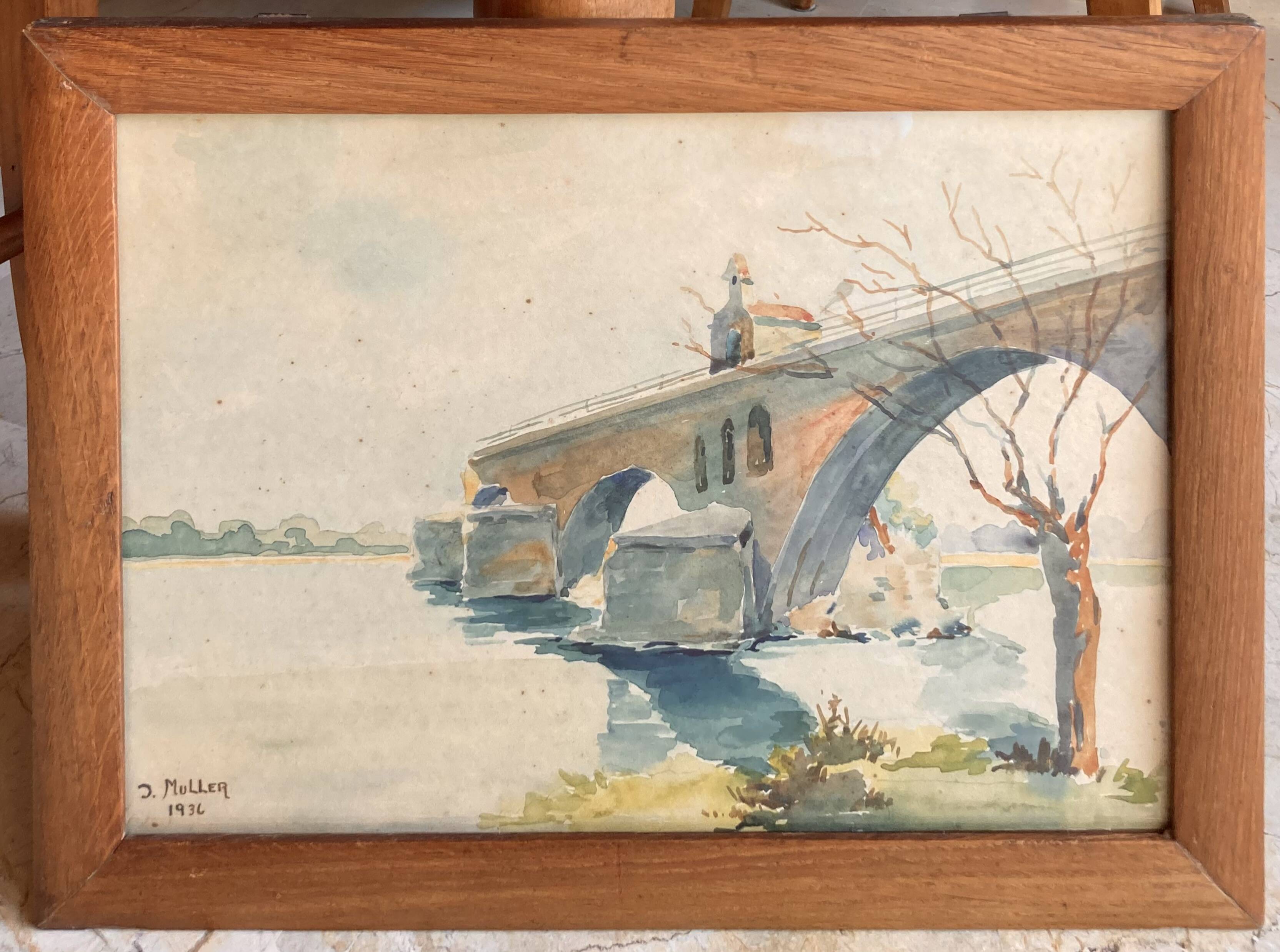 Watercolor landscape by J. Muller: the Saint-Nicolas Chapel of the Saint-Bénézet bridge in Avignon 1936