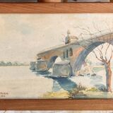 Watercolor landscape by J. Muller: the Saint-Nicolas Chapel of the Saint-Bénézet bridge in Avignon 1936