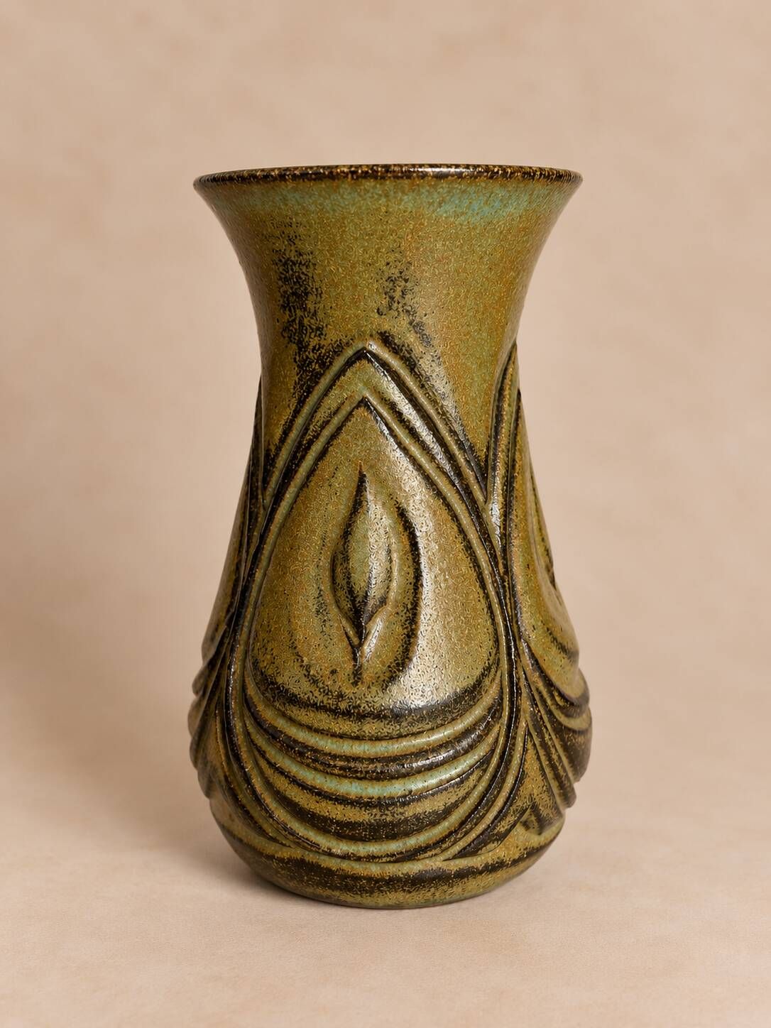 Khaki stoneware vase, wabi-sabi style, brutalist vintage ceramics.