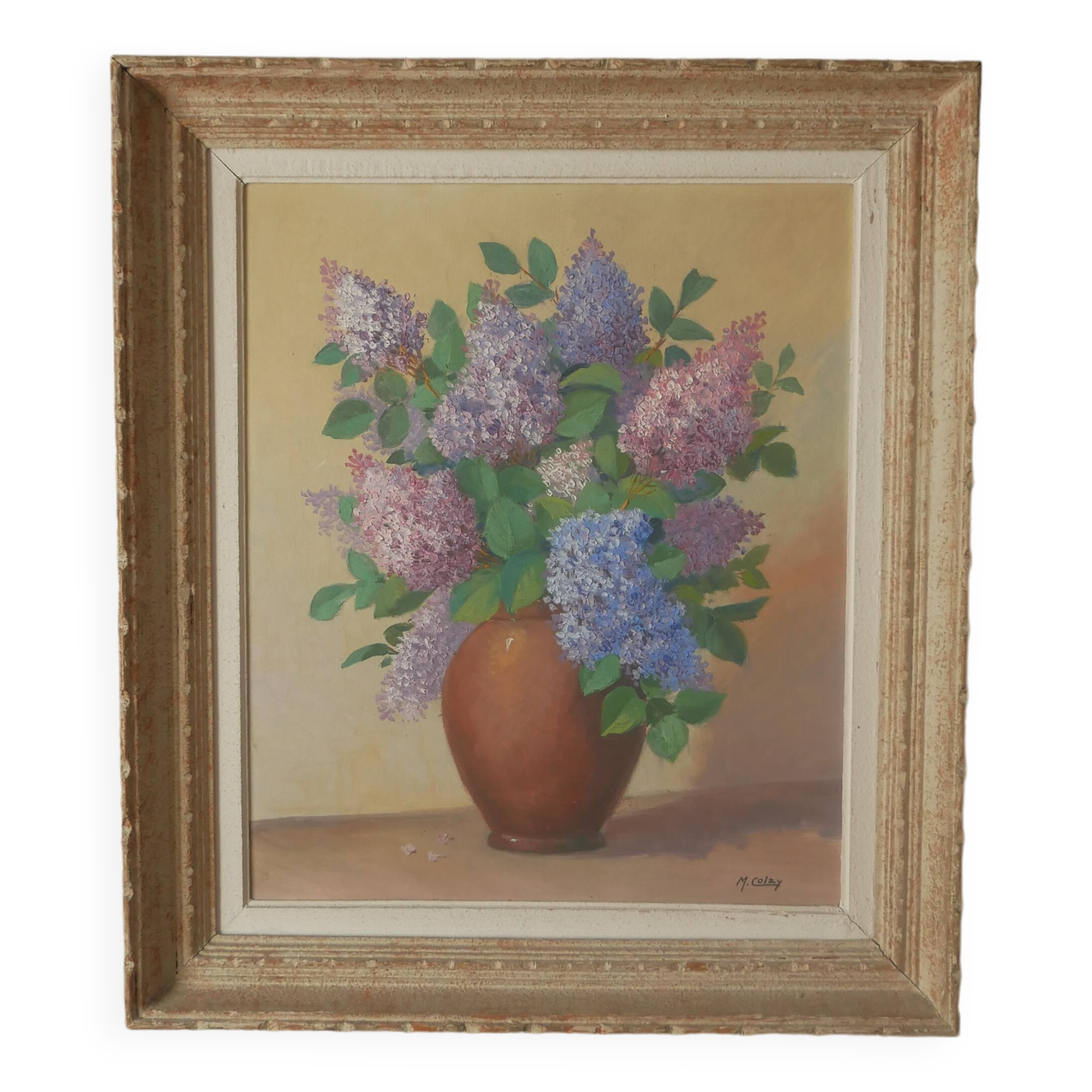 Painting acrylic painting on canvas bouquet lilac flowers decoration countryside old still life