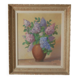 Painting acrylic painting on canvas bouquet lilac flowers decoration countryside old still life