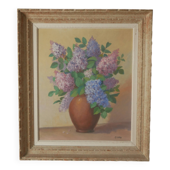 Tableau peinture acrylique sur toile bouquet lilas fleurs décoration campagne ancien nature morte