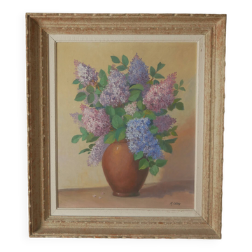 Tableau peinture acrylique sur toile bouquet lilas fleurs décoration campagne ancien nature morte
