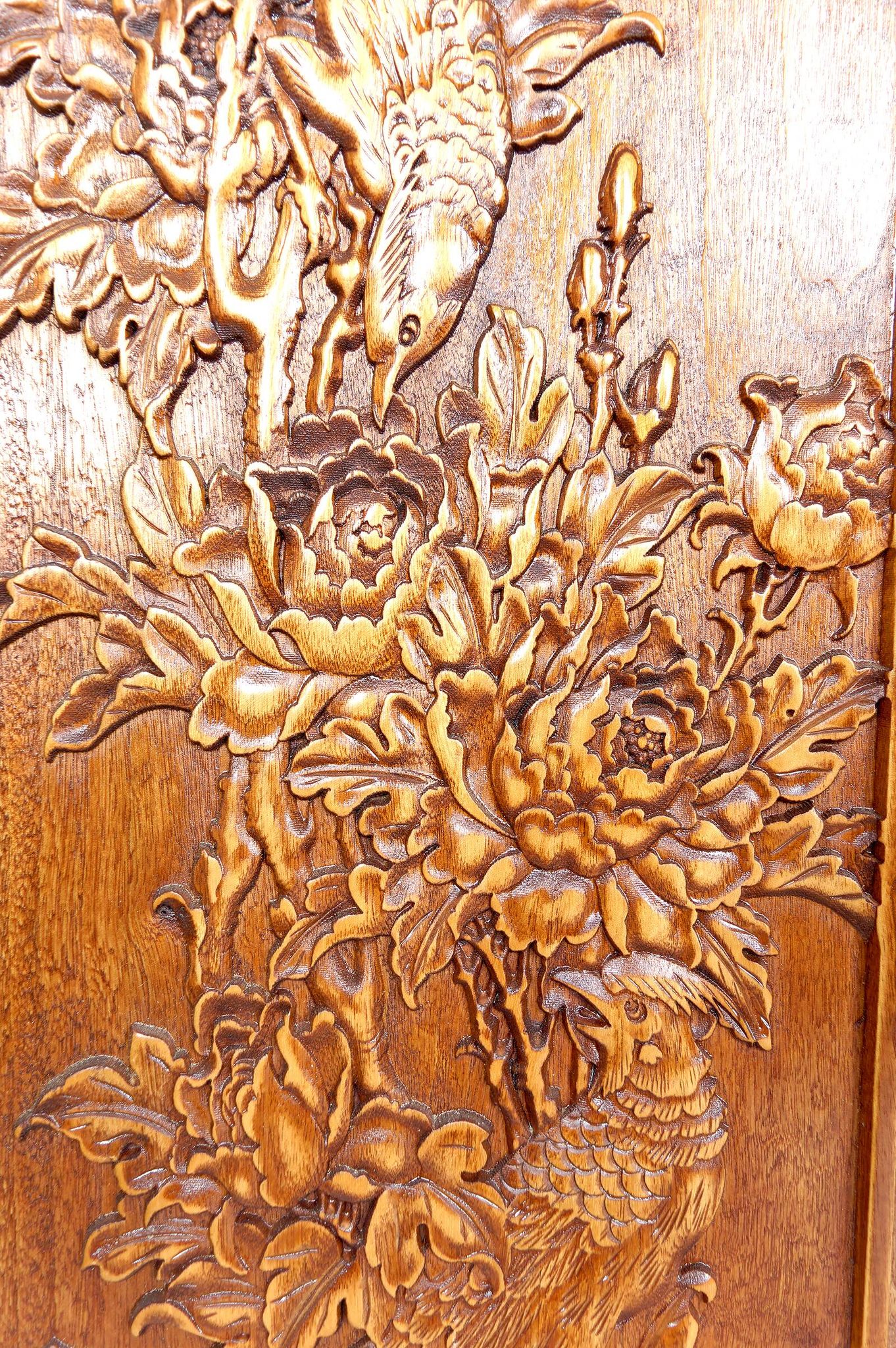 3 carved wooden panels, floral and animal decorations, Indochina