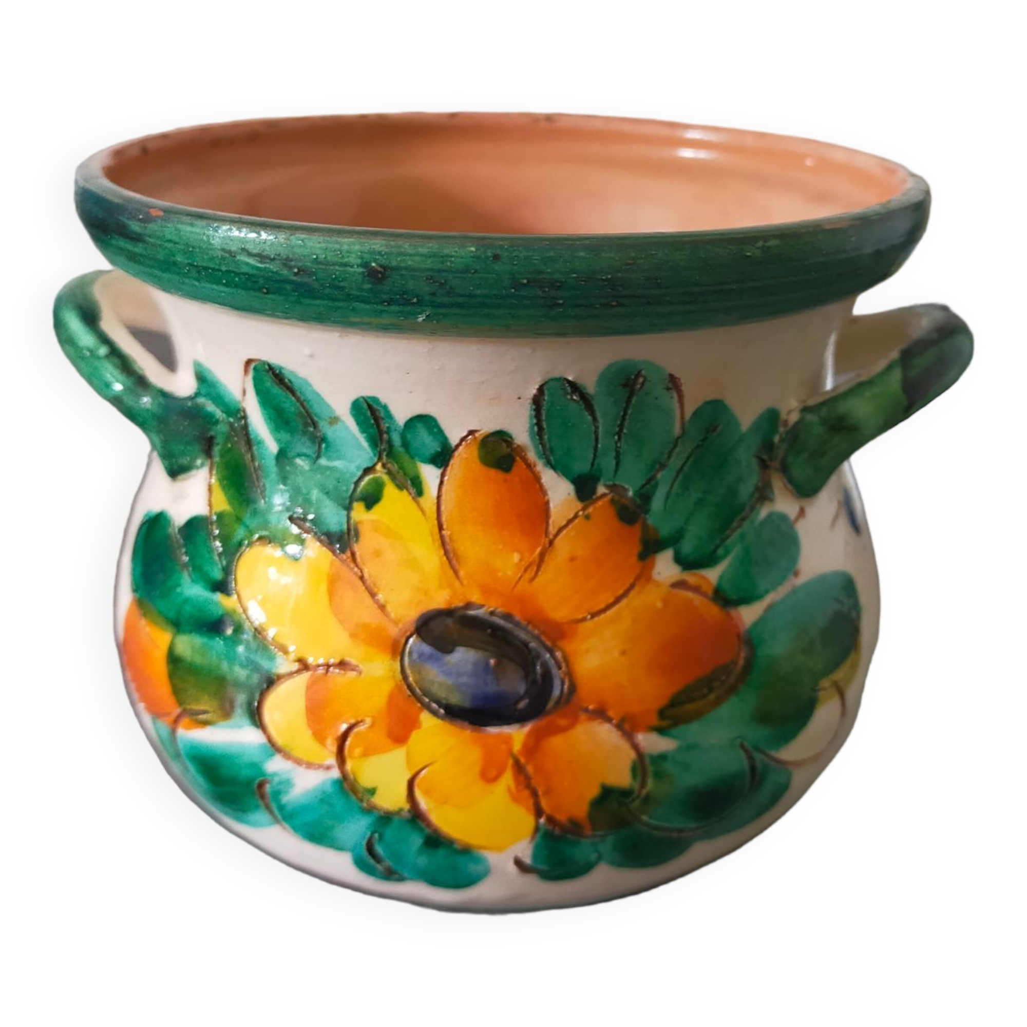 Cache pot en terre cuite Sgraffito années 60