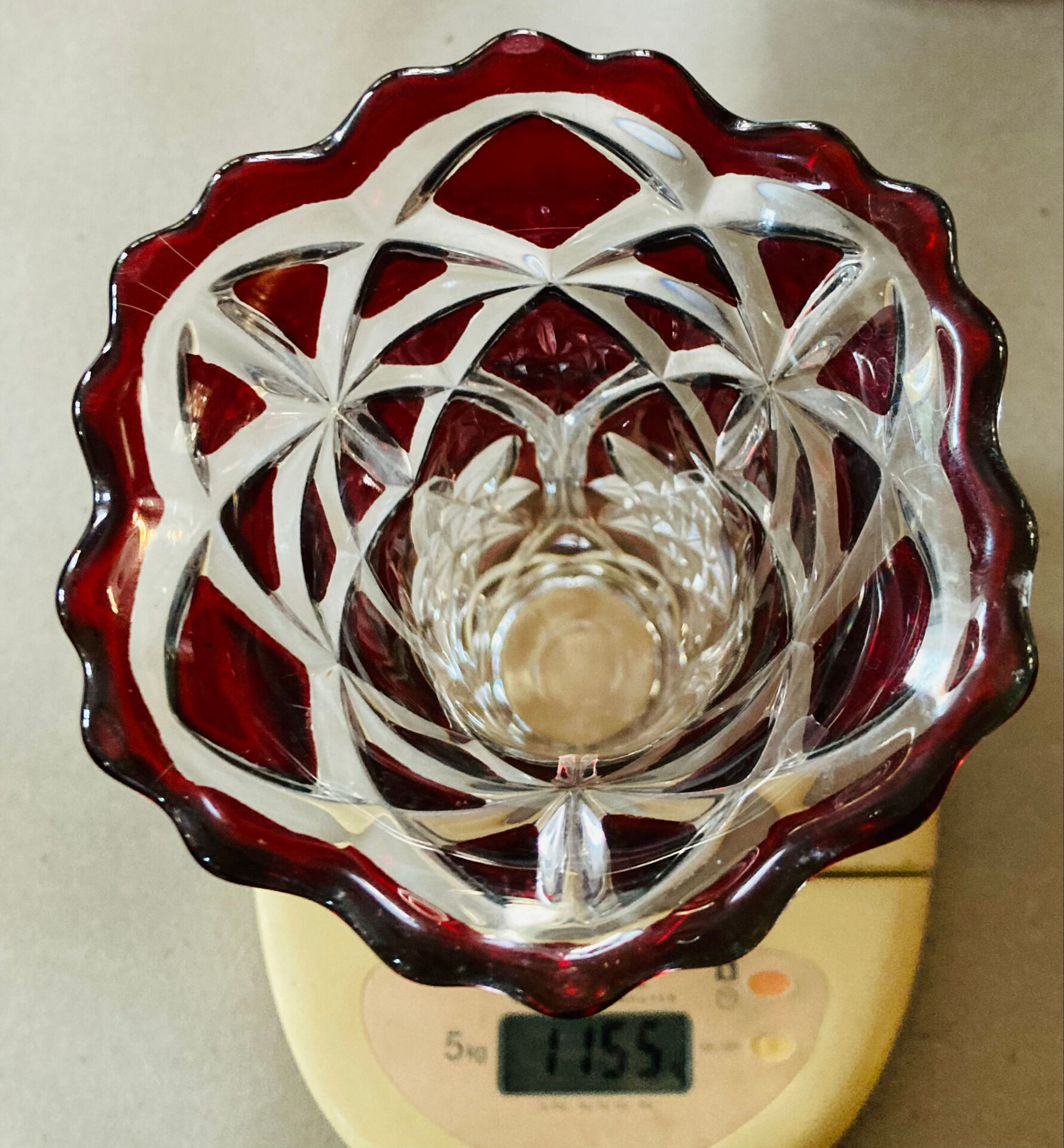 Antique bohemian crystal vase from the mid-20th century in bacara style.