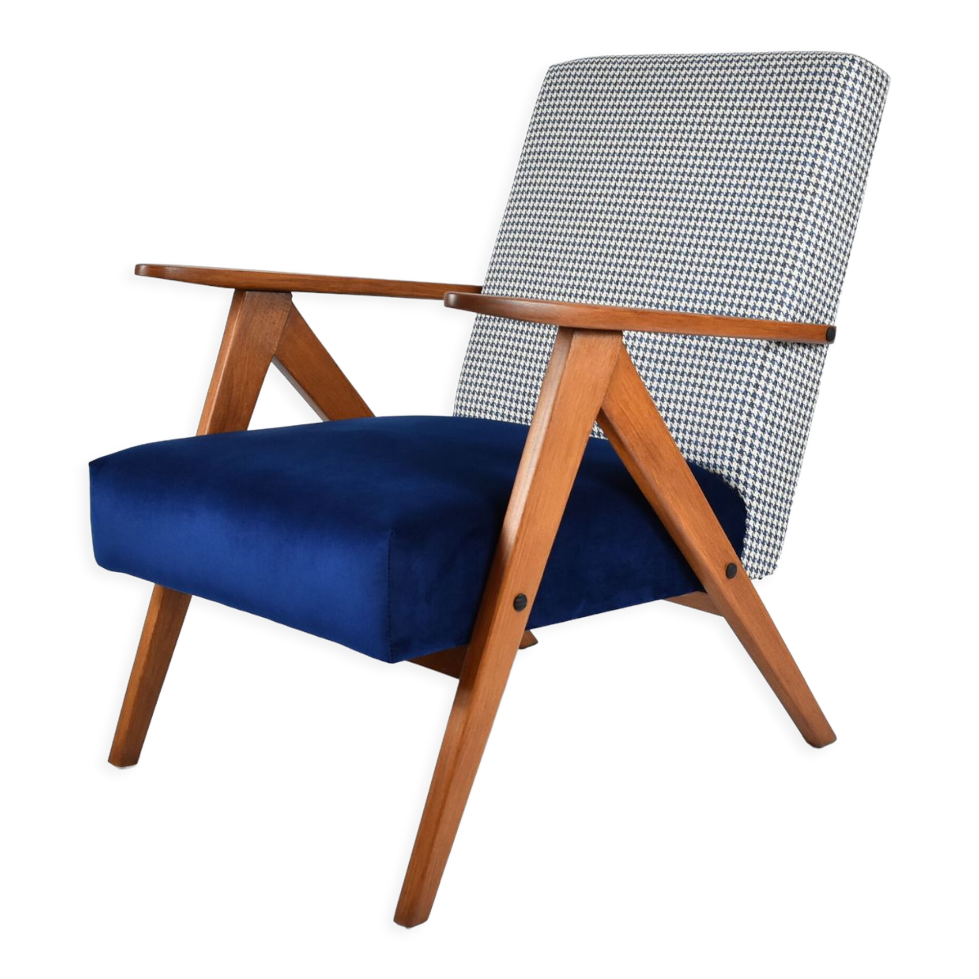 Original armchair compas, pied de poule, blue velvet, 1960s, restored