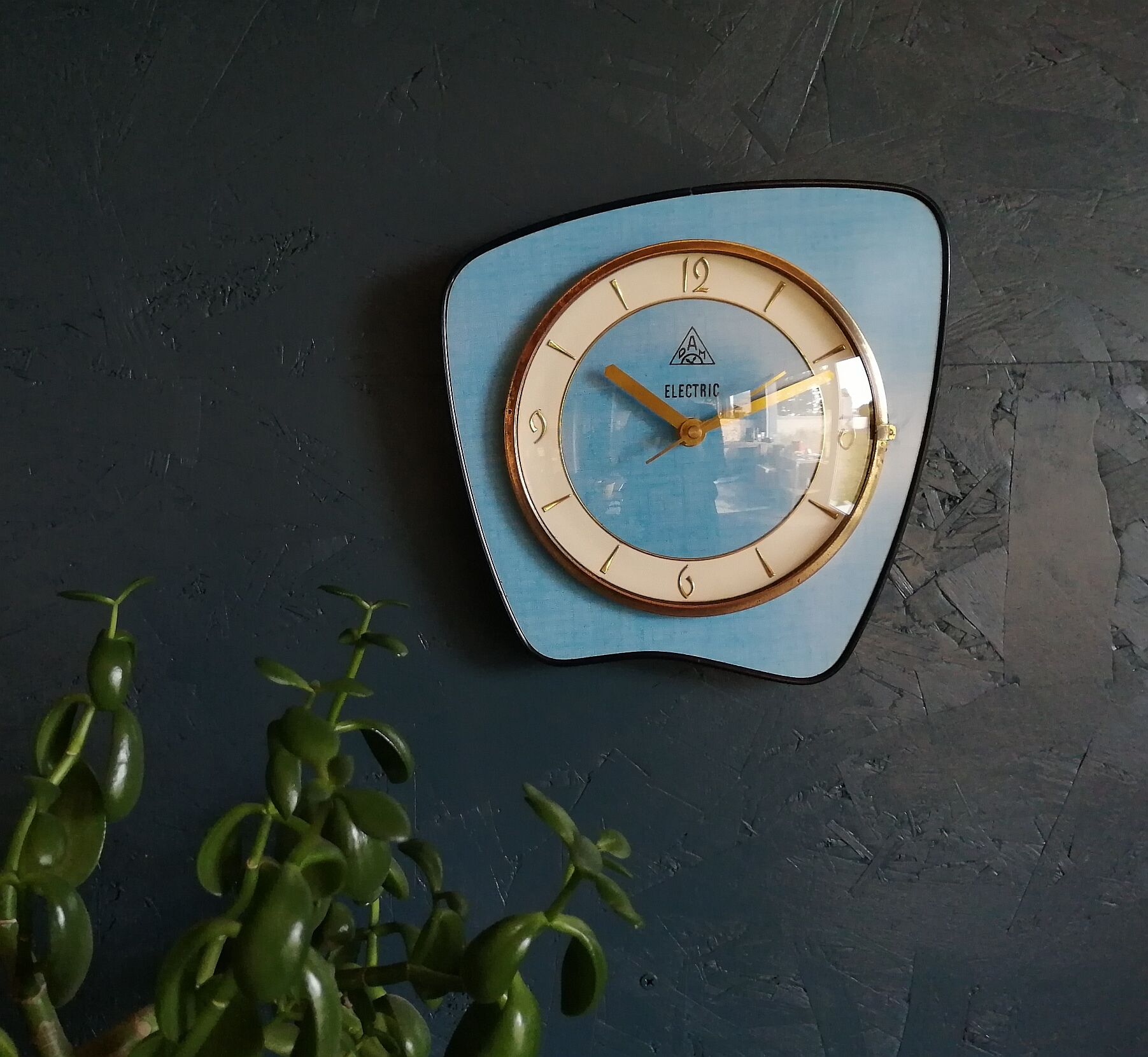 Vintage formica clock silent wall clock "DAM Electric Blue"