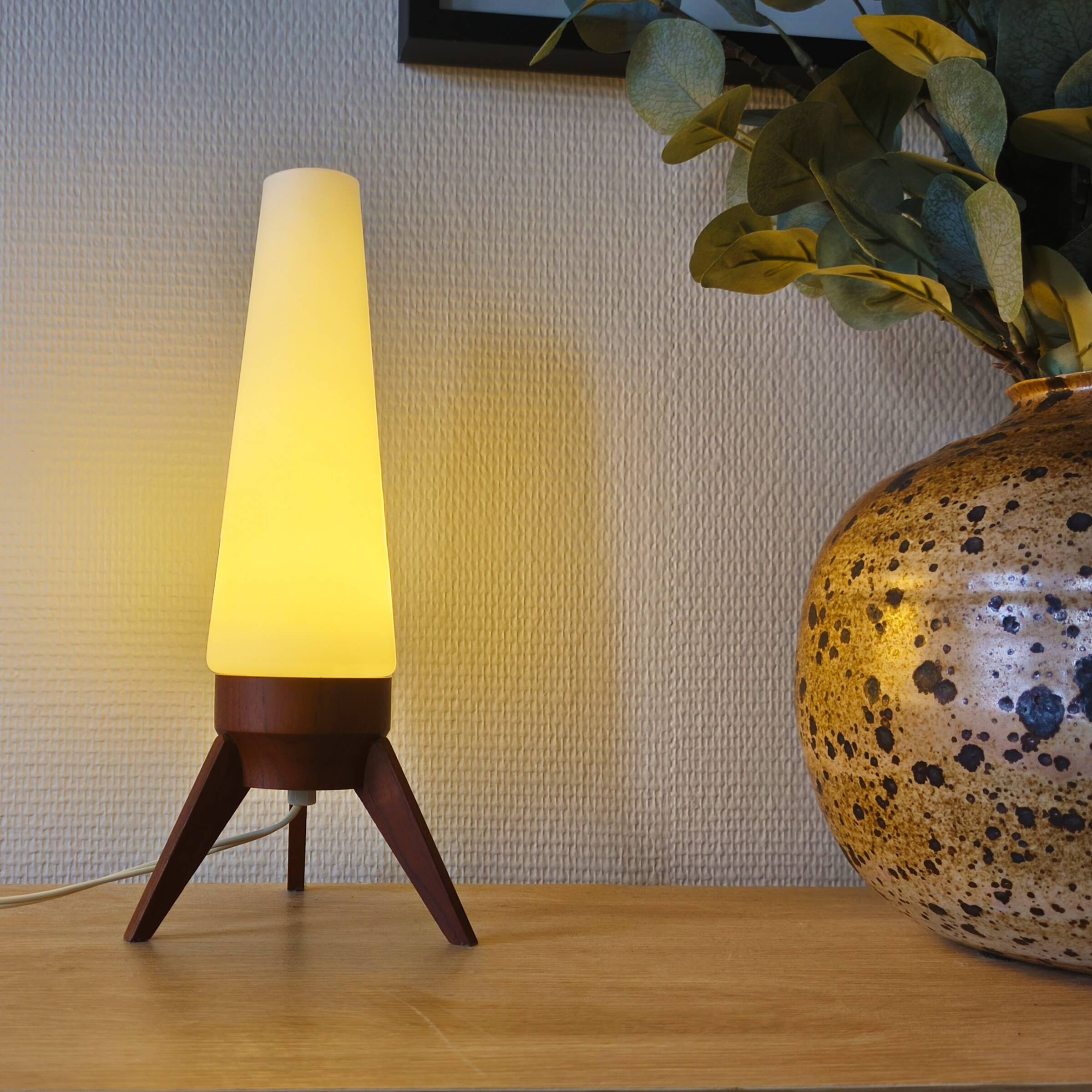 Rocket lamp, teak and opaline, 1950s