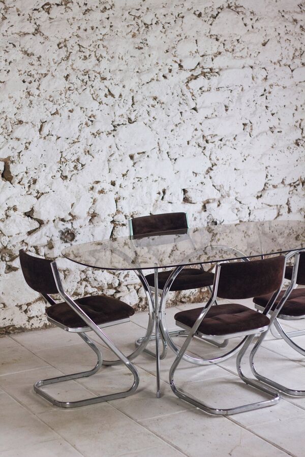 Table à manger chrome et verre fumé style Gastone Rinaldi, 1970