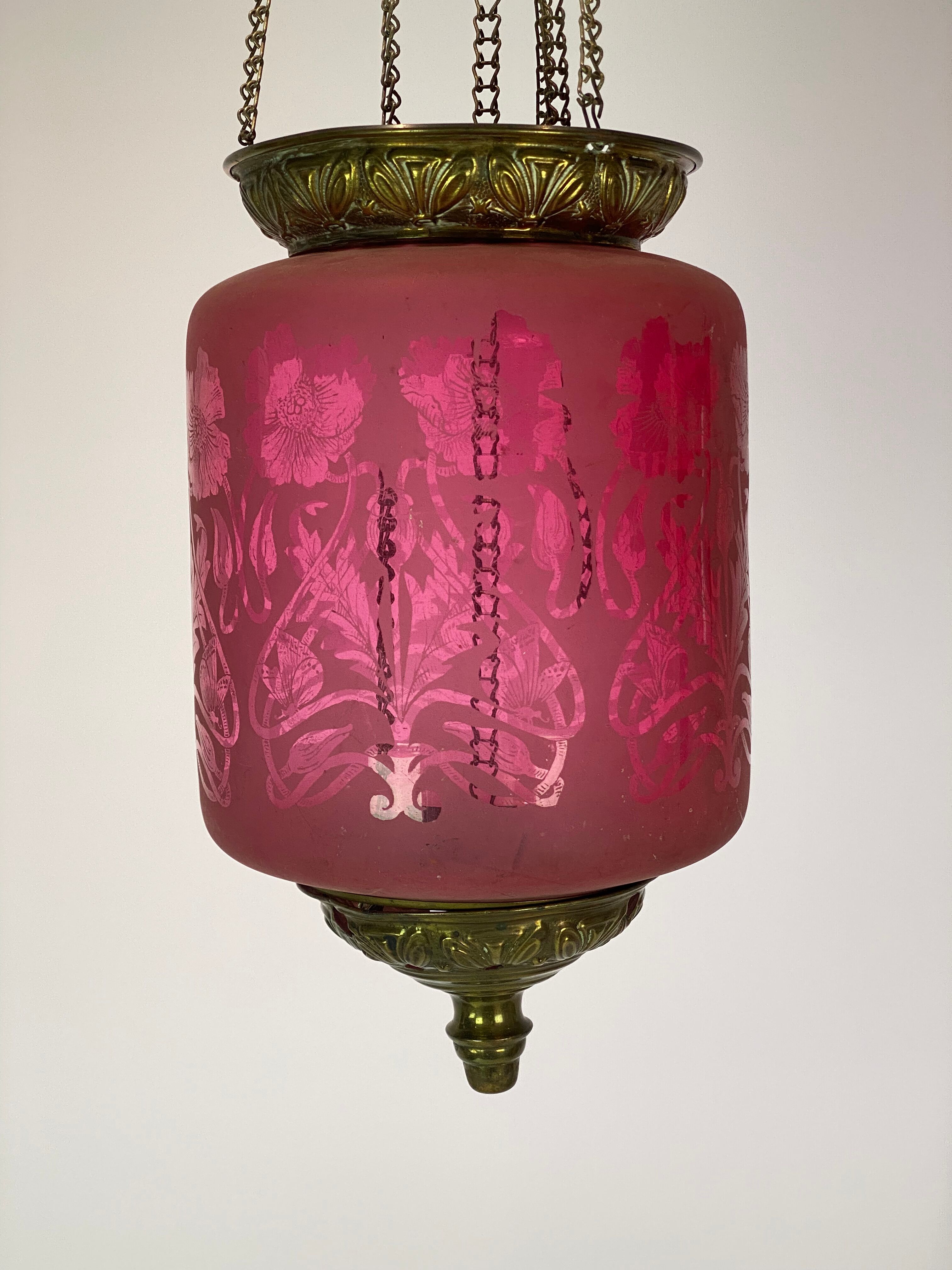 Antique pendant of pink opaline glass with brass edge by Funen's Glassworks, 1860s