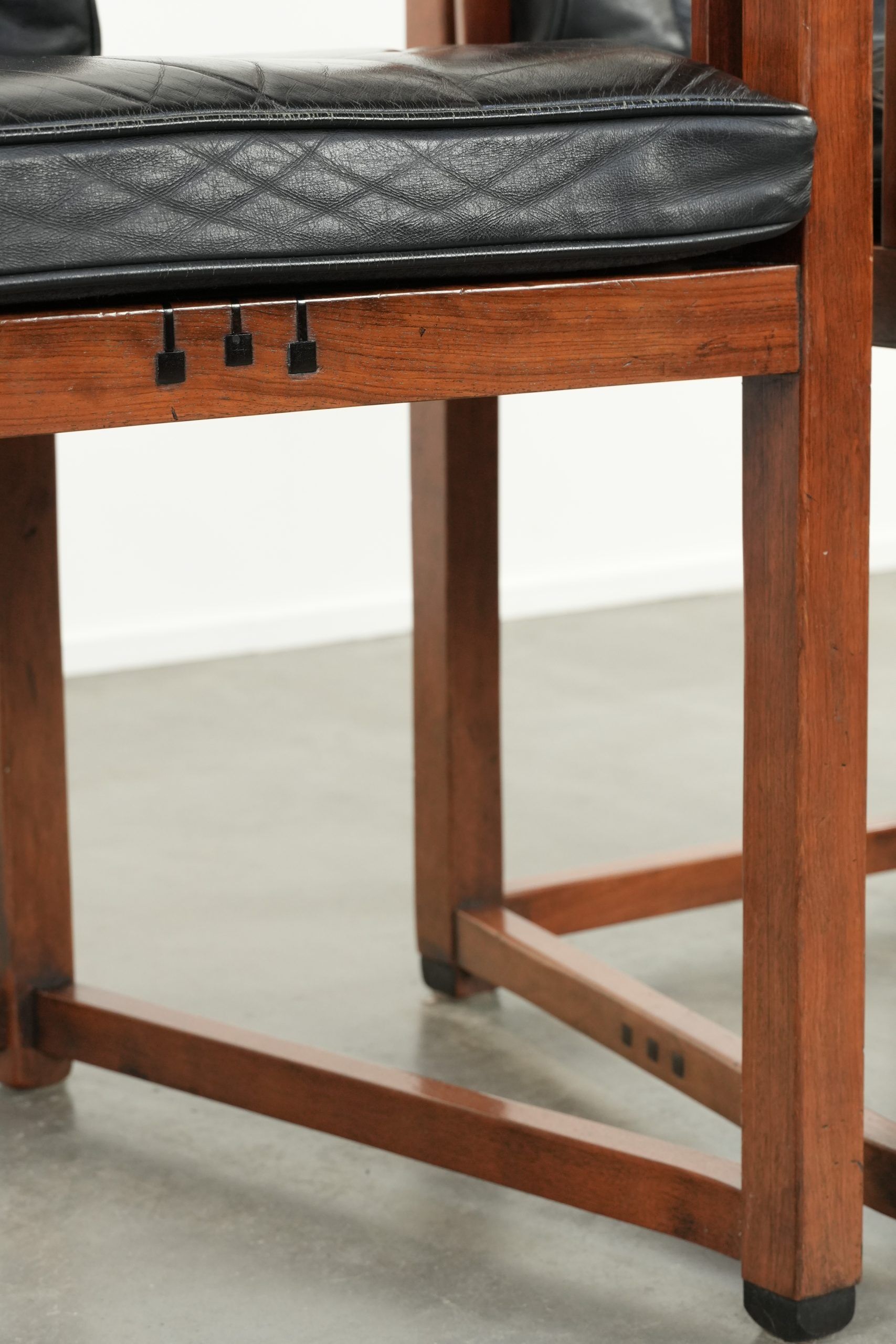 Black leather set of 2 Art Deco design dining/side chairs with armrests