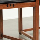 Black leather set of 2 Art Deco design dining/side chairs with armrests