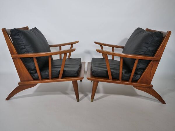 Ensemble de fauteuils de salon en cuir – Teck, style vintage des années 1960