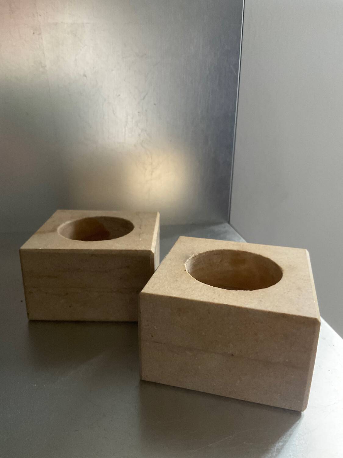 Pair of vintage travertine cube candlesticks from the 70s