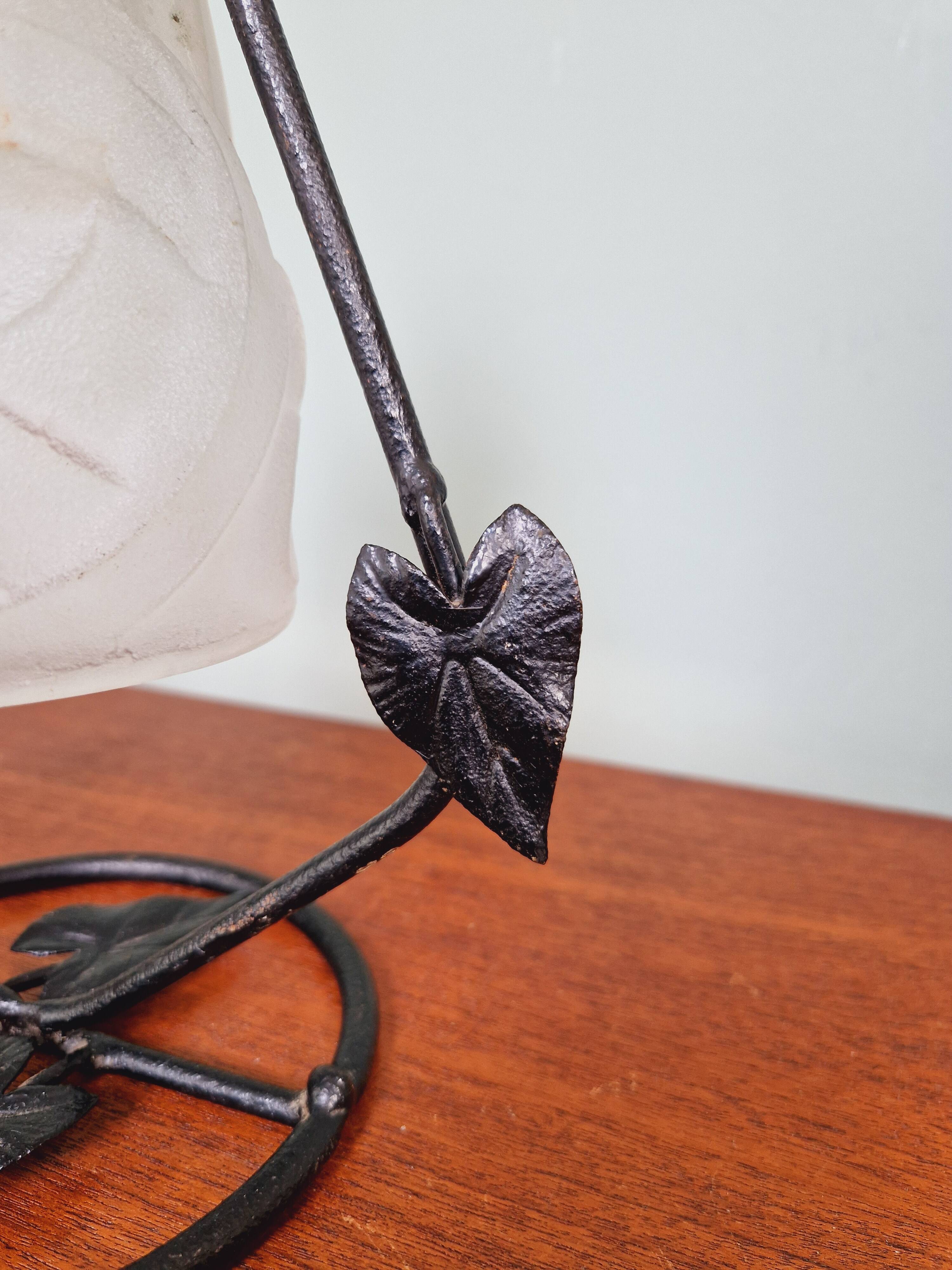 Art Deco night light in wrought iron and satin glass signed Degué