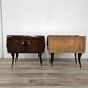Mid-century mahogany bedside tables with mirrored tops.