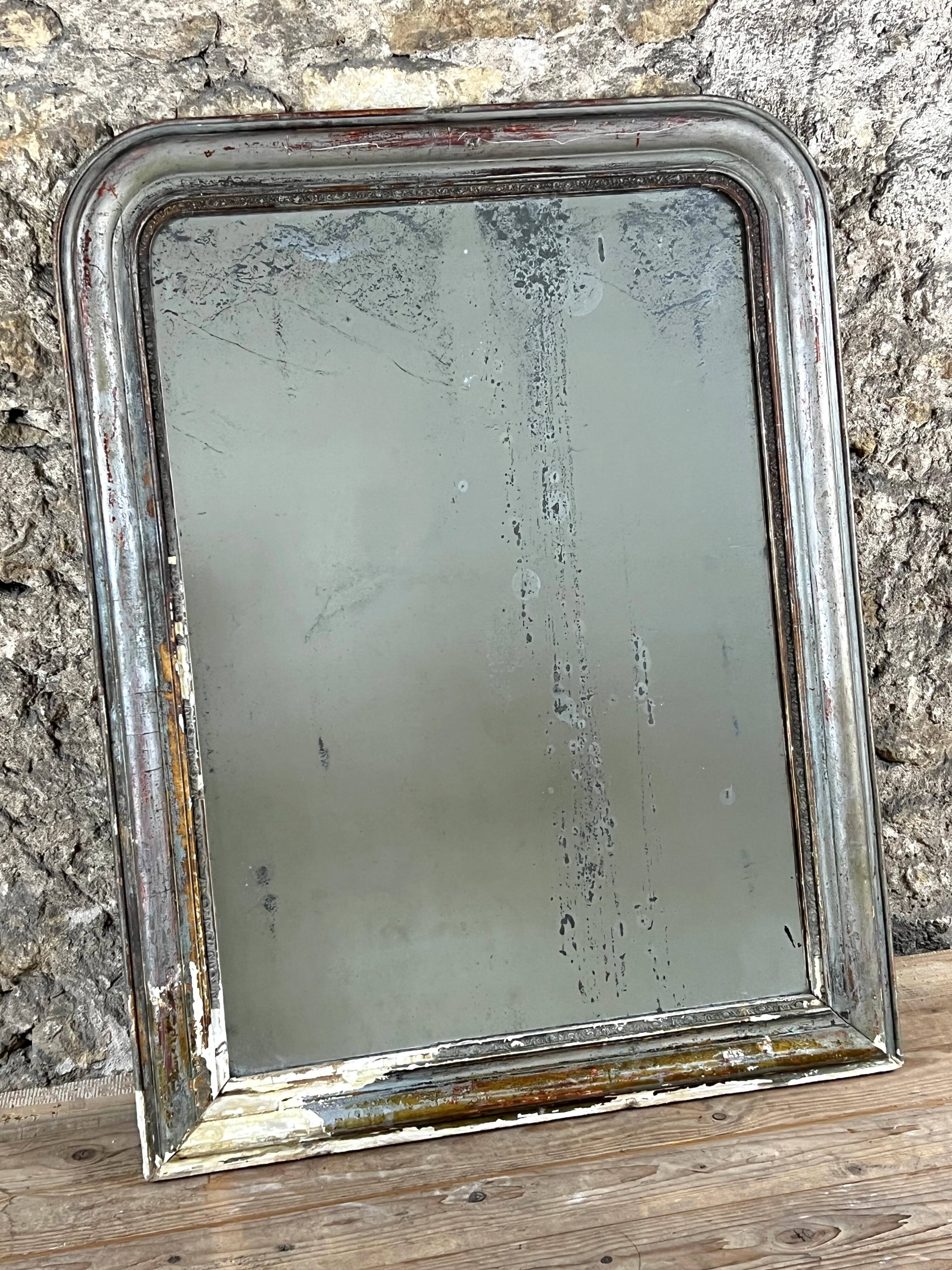 Antique Louis-Philippe Mirror, 19th Century, Shabby Silver Patina