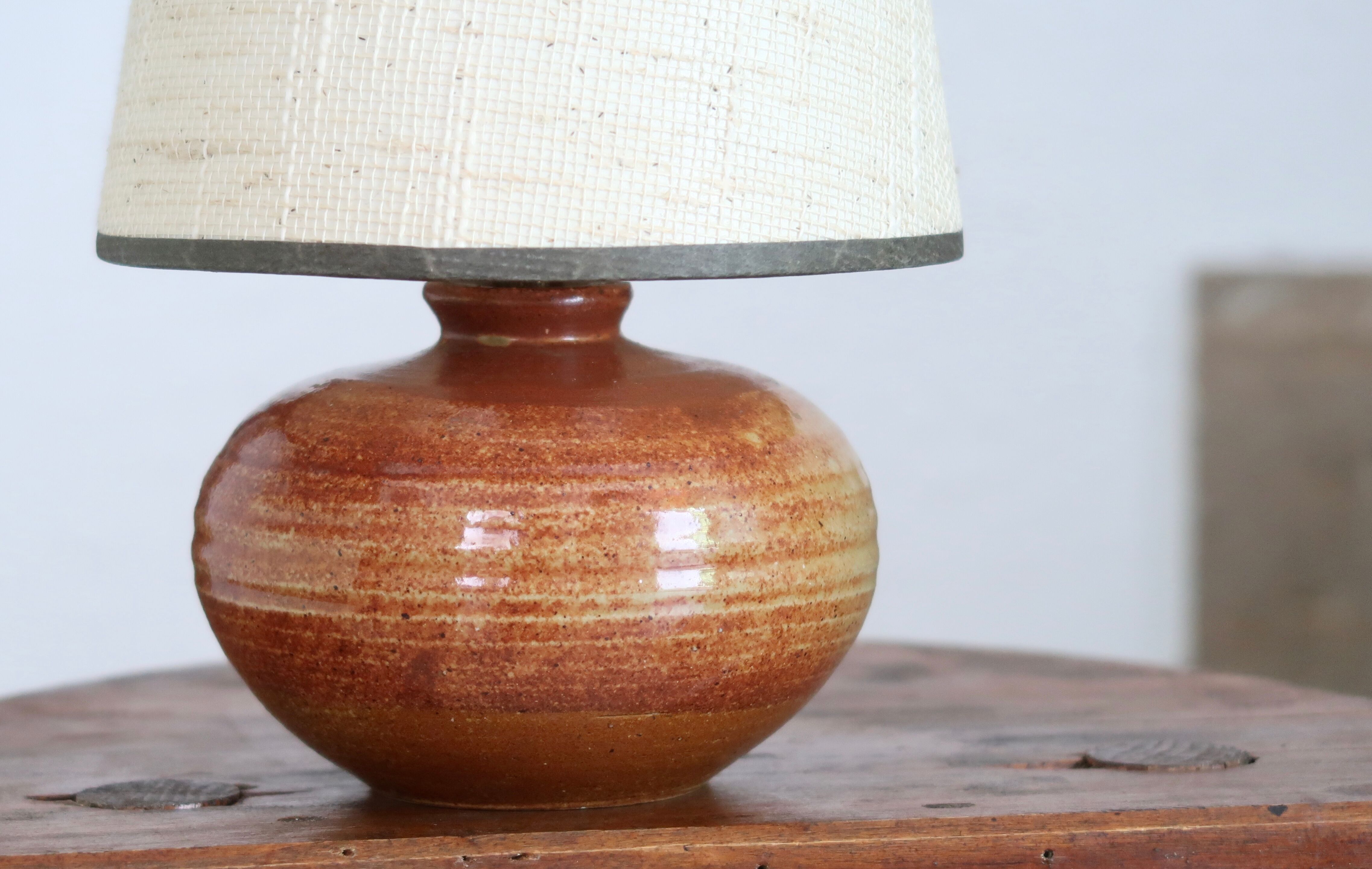 Signed sandstone lamp, beige lampshade, 70s