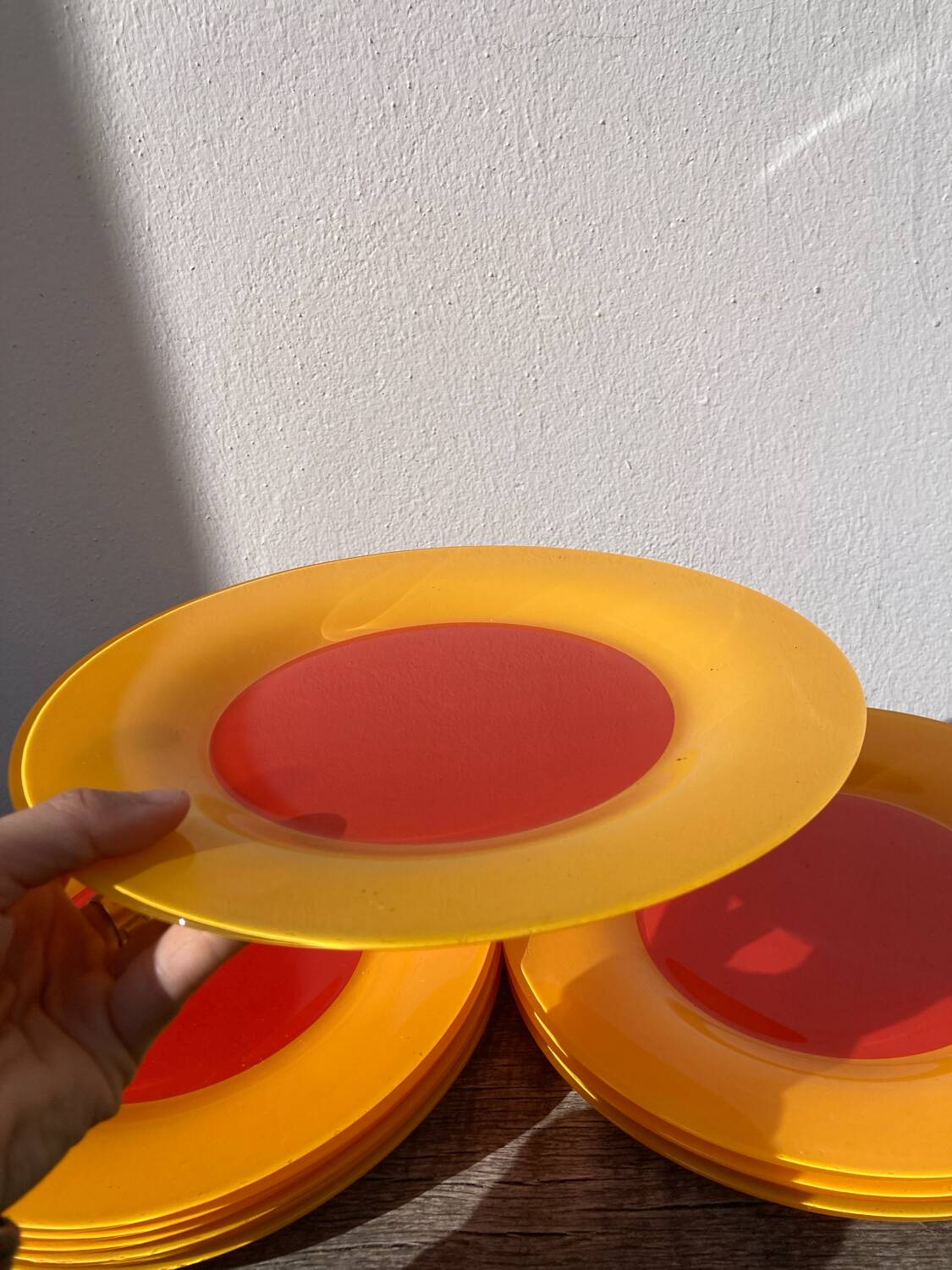 10 yellow and orange glass dinner plates