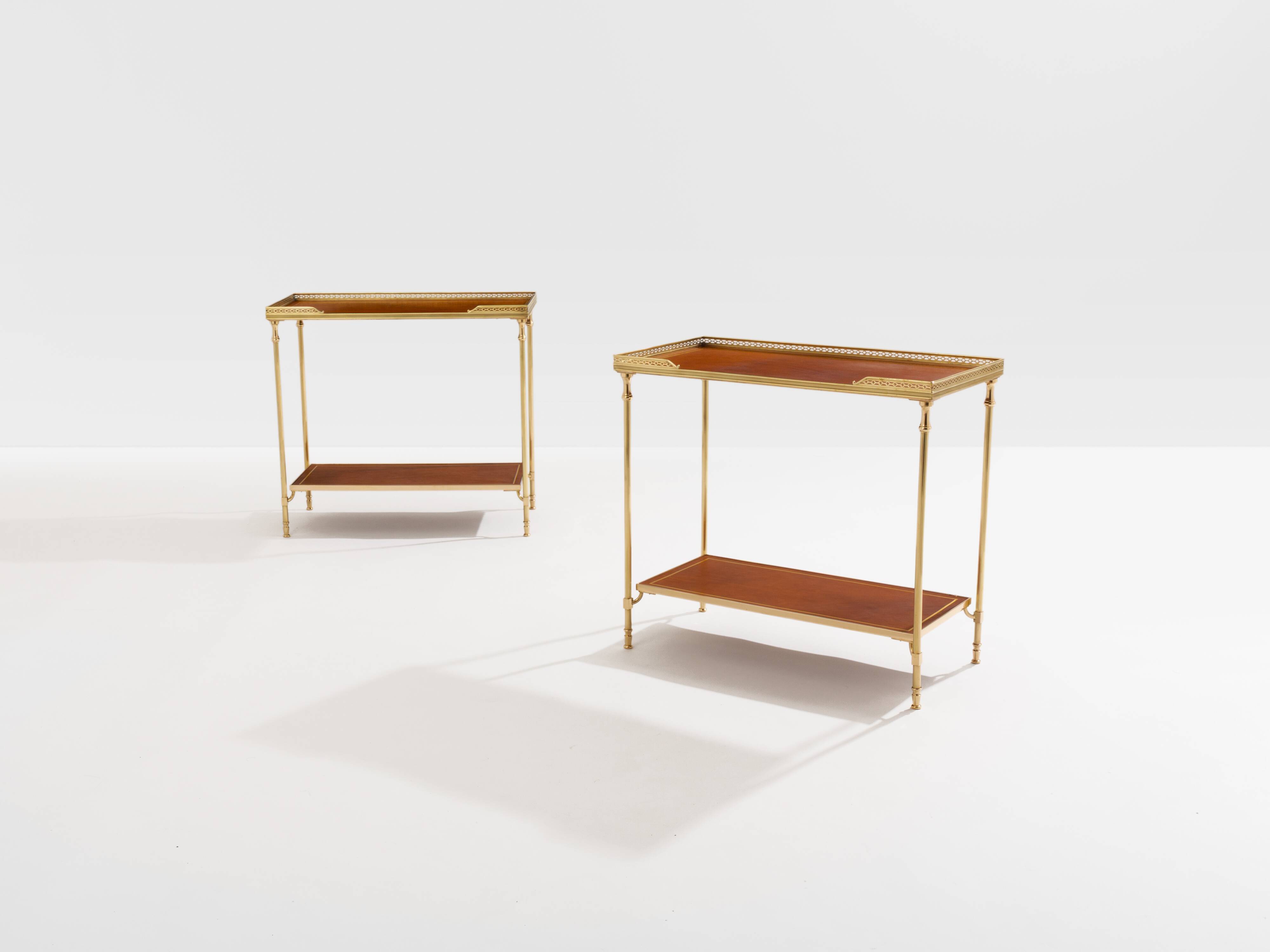 Pair of neoclassical brass and leather side tables by Maison Jansen, 1960