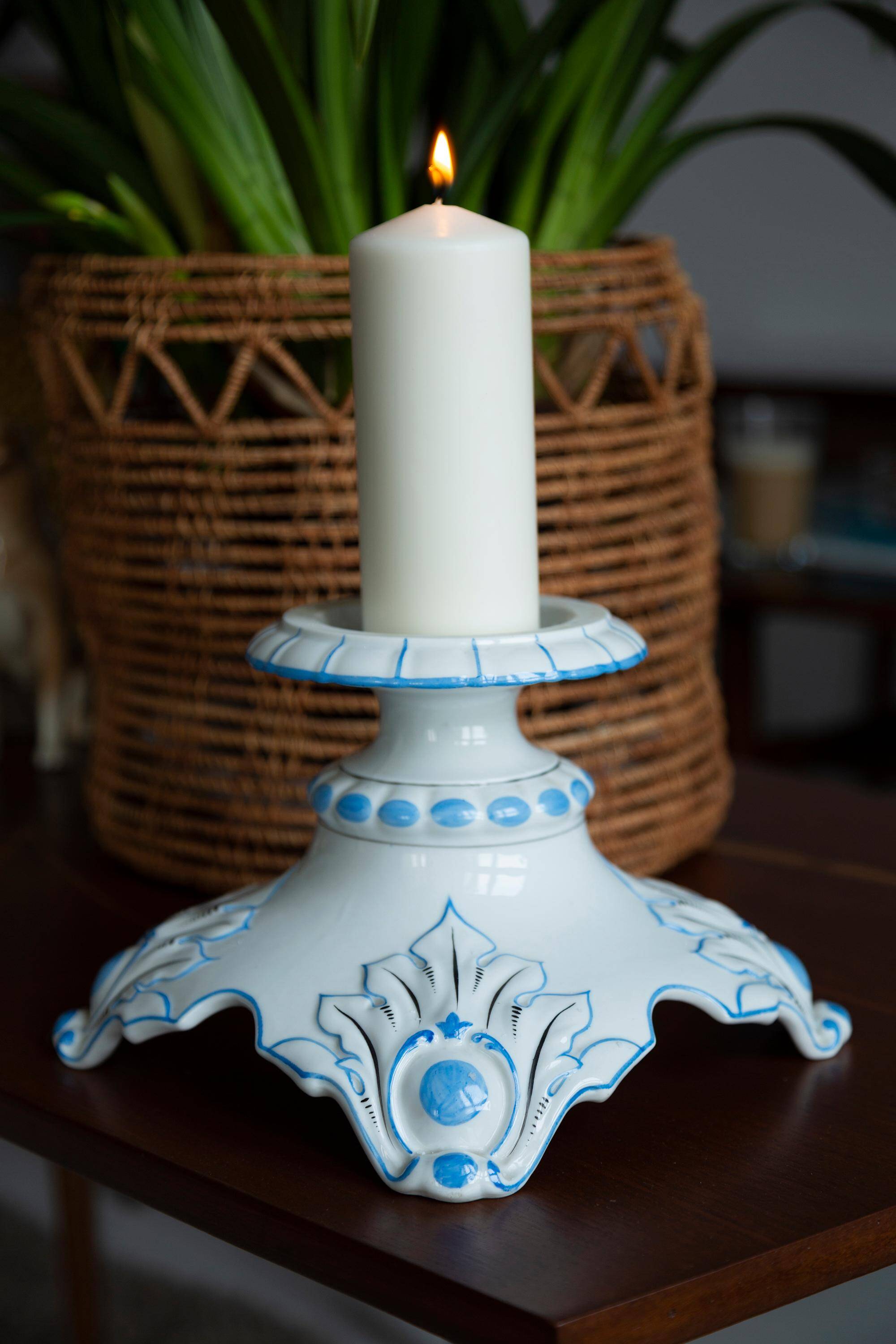 White and blue ceramic chandelier from the 20th century, France, 1960s.