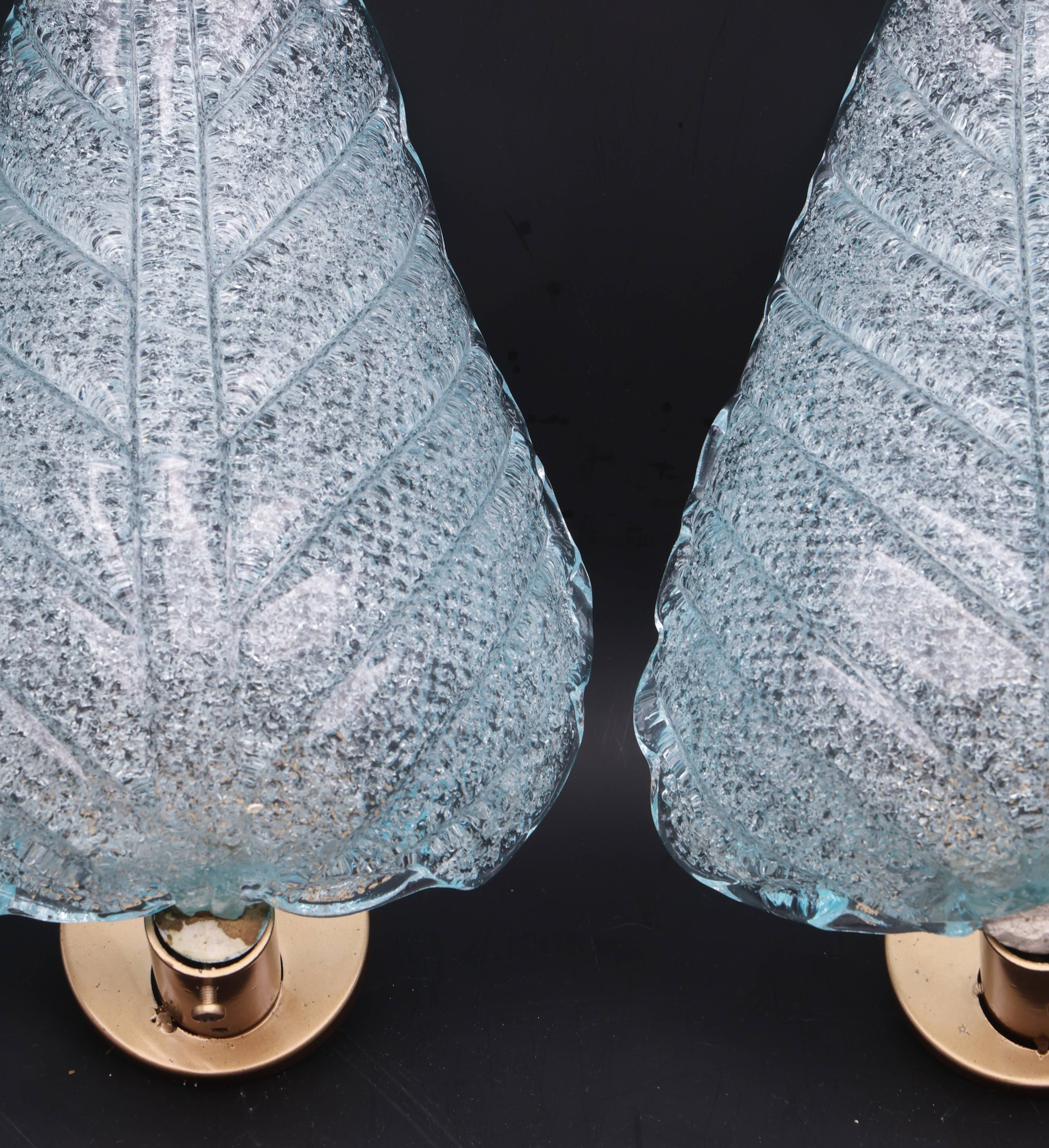 Set of 2 Wall Light Blu colour Murano Glass Leave by Barovier e Toso, 1950s