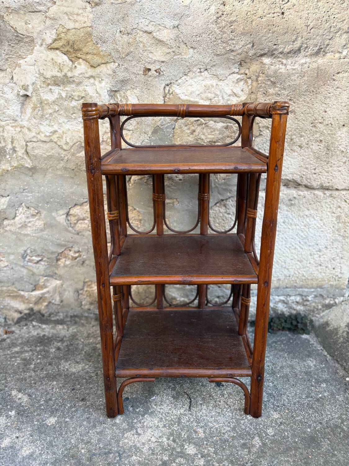 Dark brown bamboo shelf on legs