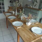 Vintage farm table, beech base and belt, pitch pine top.