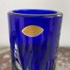 Soliflore vase, tubular, blue crystal, foliage decoration, encrypted, label, hand cut, flowers