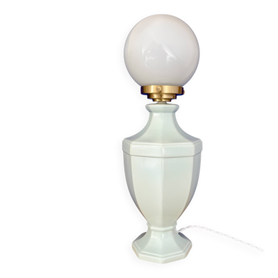 Lampe à poser  vintage en céramique bleue et opaline blanche