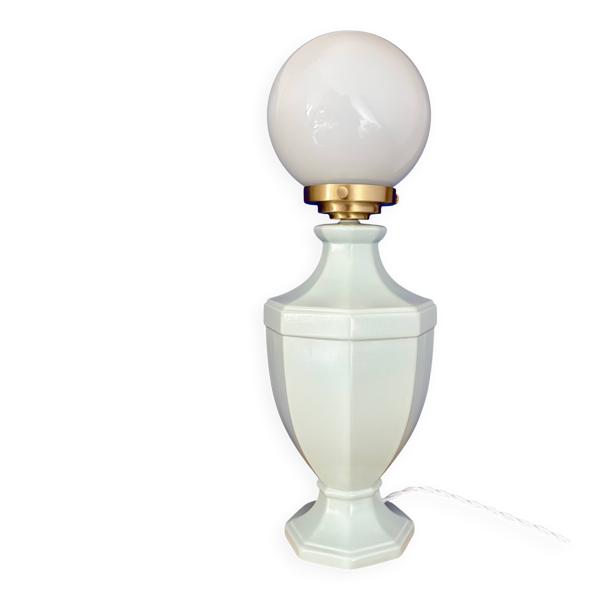 Lampe à poser vintage en céramique bleue et opaline blanche