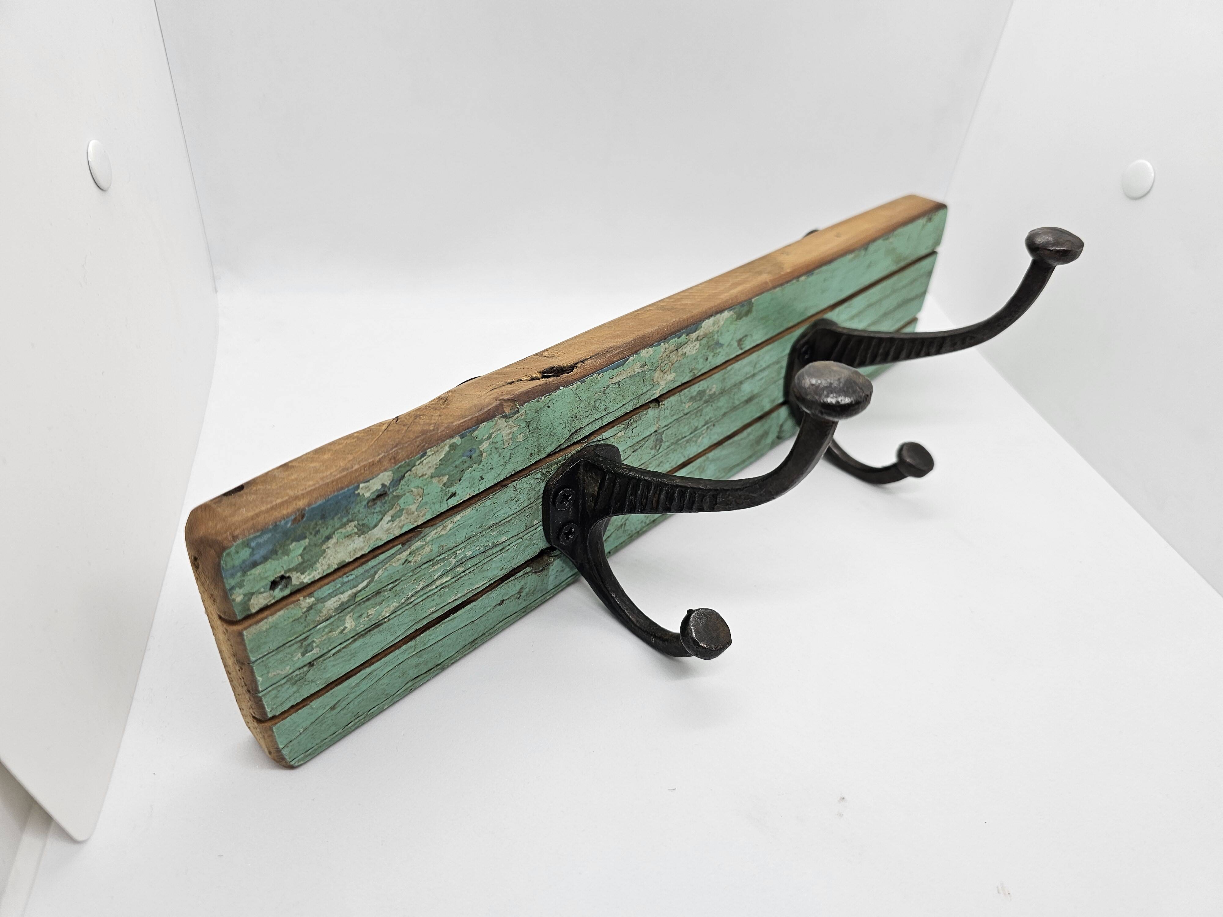 Solid teak coat hook with 2 double cast iron hooks