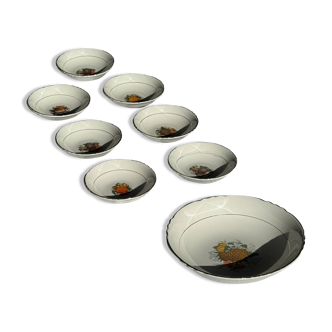 Vintage fruit salad service consisting of a bowl and 7 small dishes.